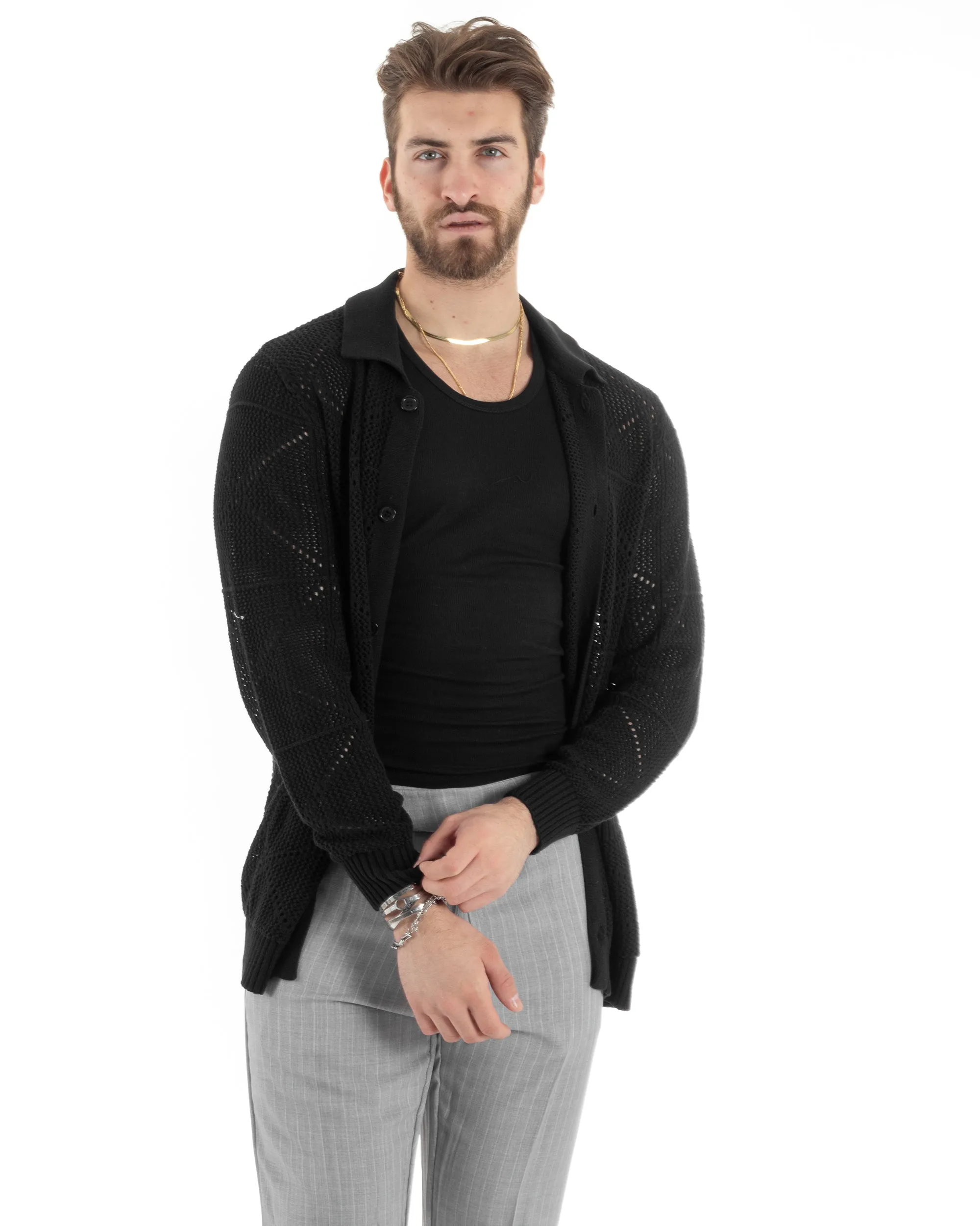 Cardigan Uomo Con Colletto Maglioncino Traforato Maglia Polo Bucata Giacca Con Bottoni Nero Casual GIOSAL-M2807A