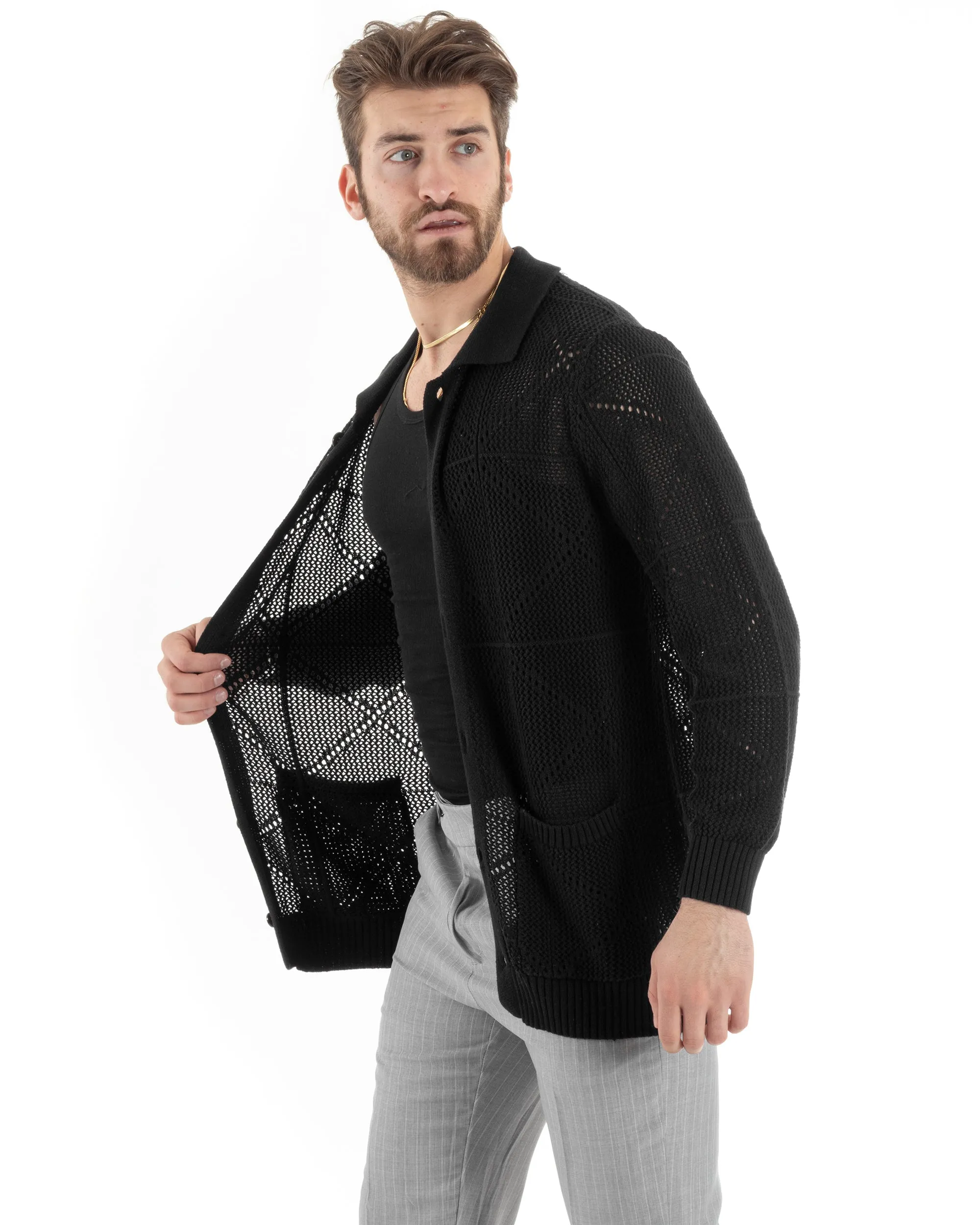 Cardigan Uomo Con Colletto Maglioncino Traforato Maglia Polo Bucata Giacca Con Bottoni Nero Casual GIOSAL-M2807A