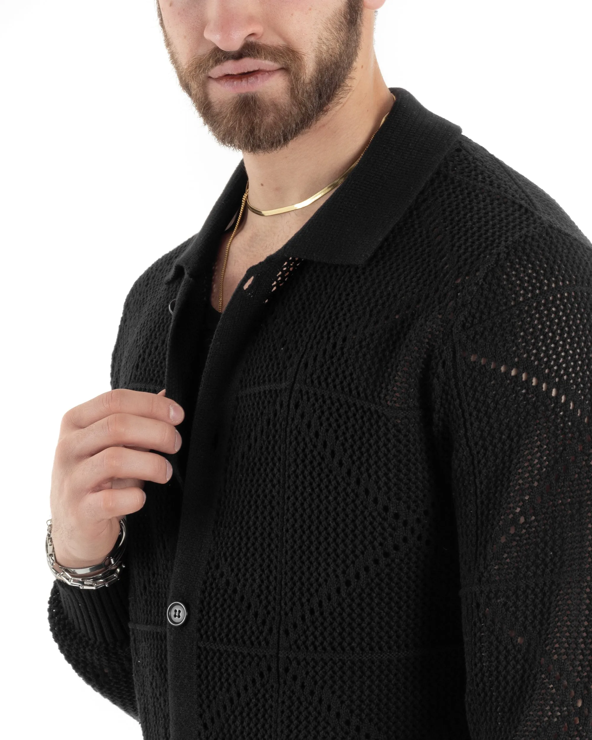 Cardigan Uomo Con Colletto Maglioncino Traforato Maglia Polo Bucata Giacca Con Bottoni Nero Casual GIOSAL-M2807A