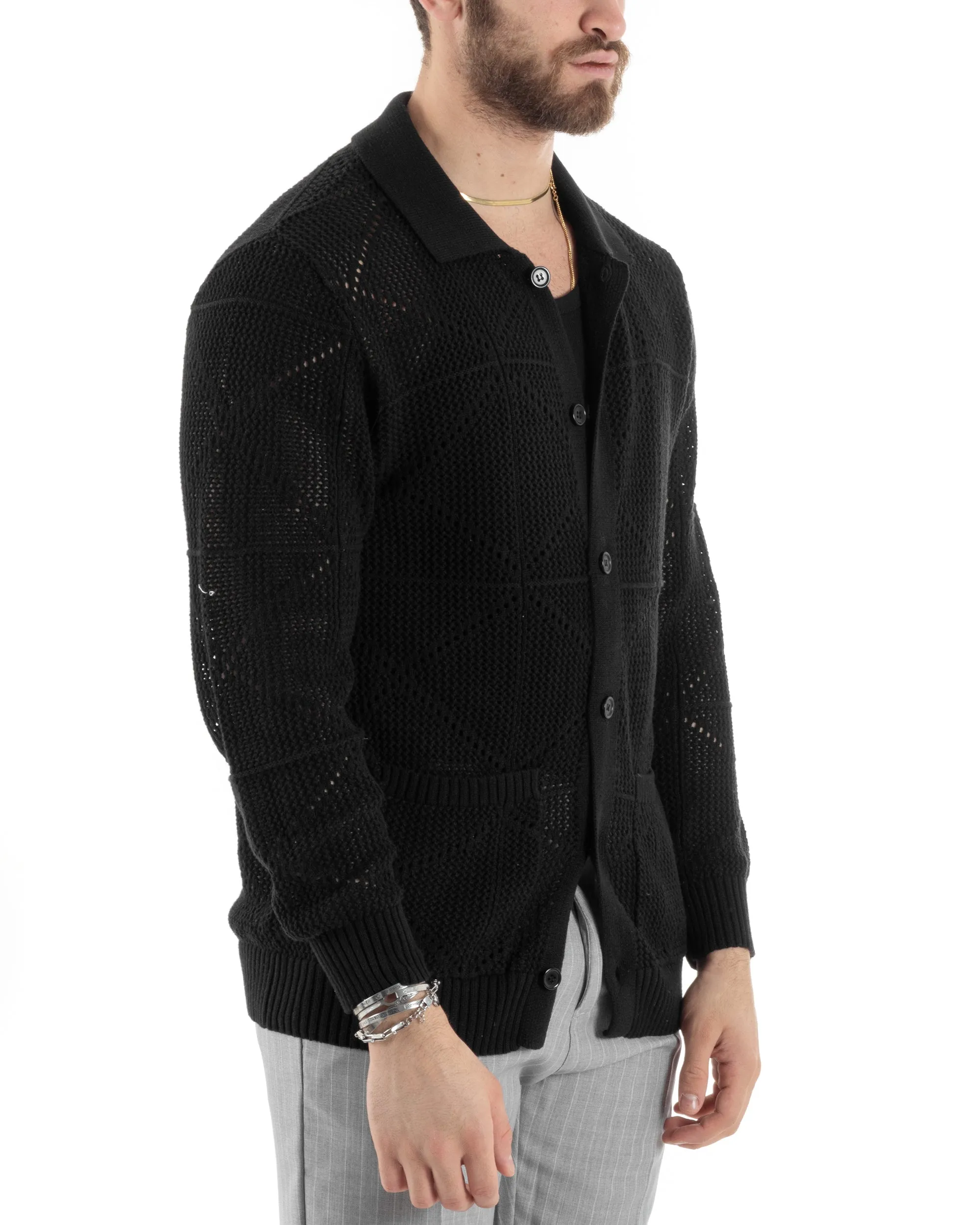 Cardigan Uomo Con Colletto Maglioncino Traforato Maglia Polo Bucata Giacca Con Bottoni Nero Casual GIOSAL-M2807A