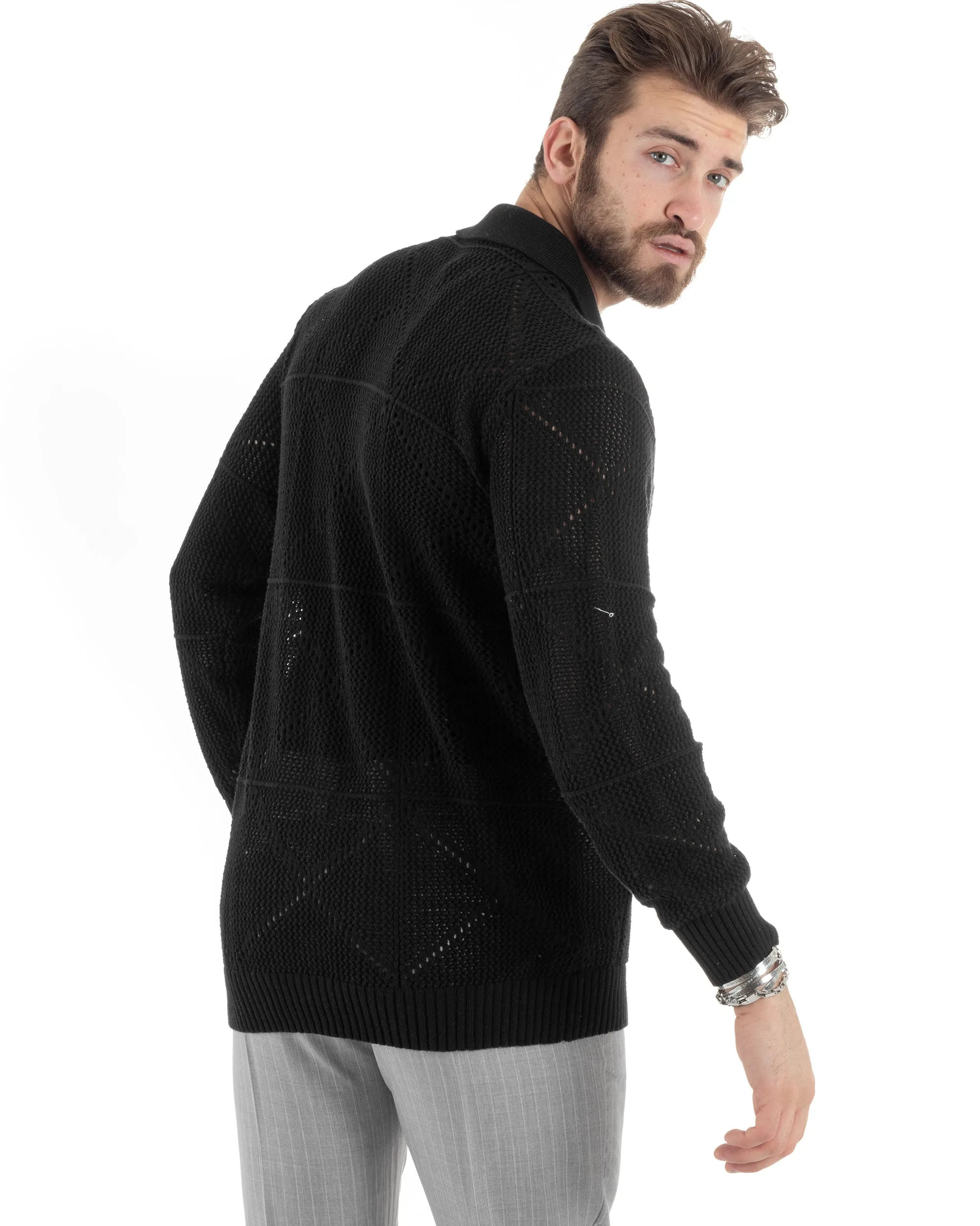 Cardigan Uomo Con Colletto Maglioncino Traforato Maglia Polo Bucata Giacca Con Bottoni Nero Casual GIOSAL-M2807A