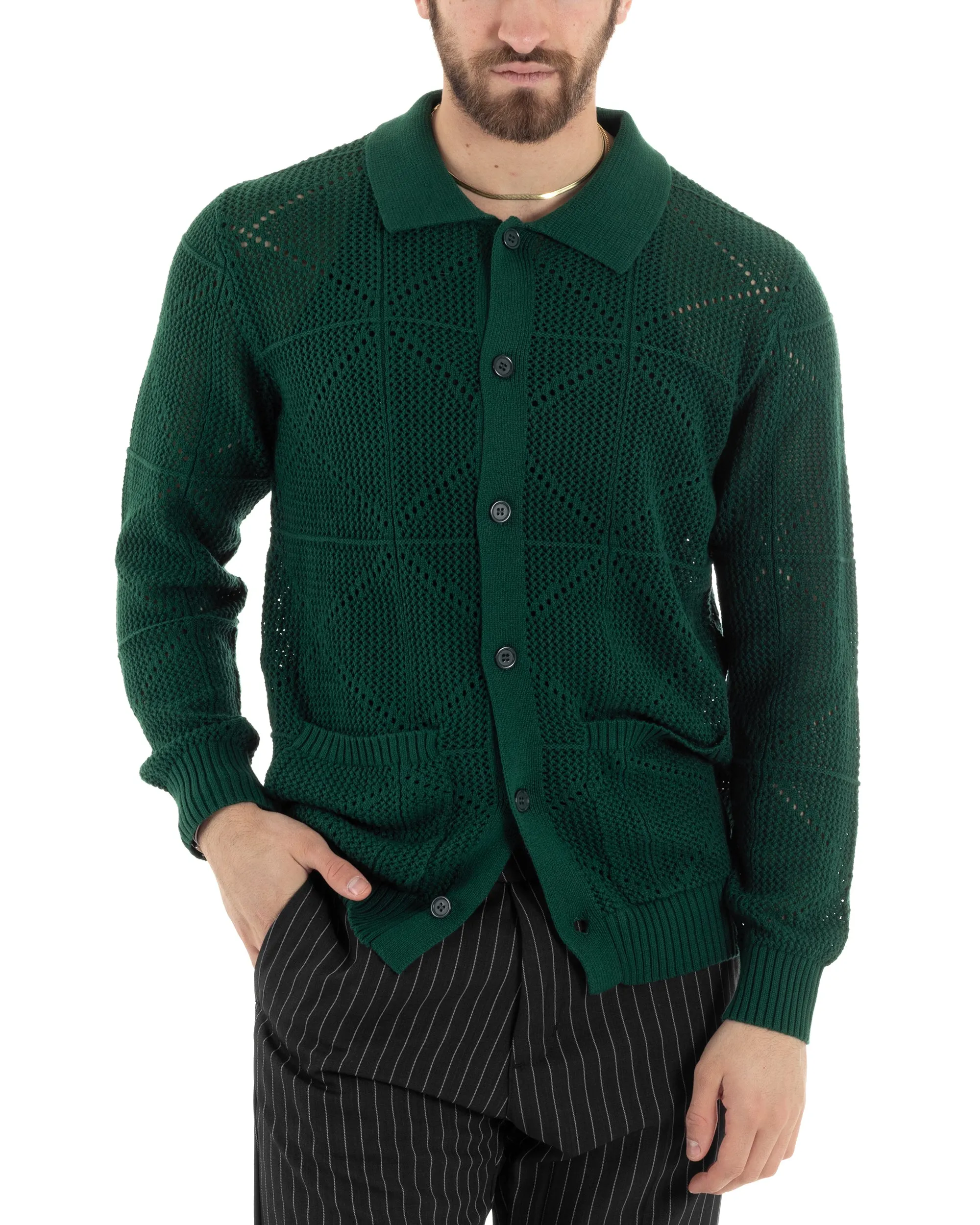 Cardigan Uomo Con Colletto Maglioncino Traforato Maglia Polo Bucata Giacca Con Bottoni Verde Casual GIOSAL-M2806A