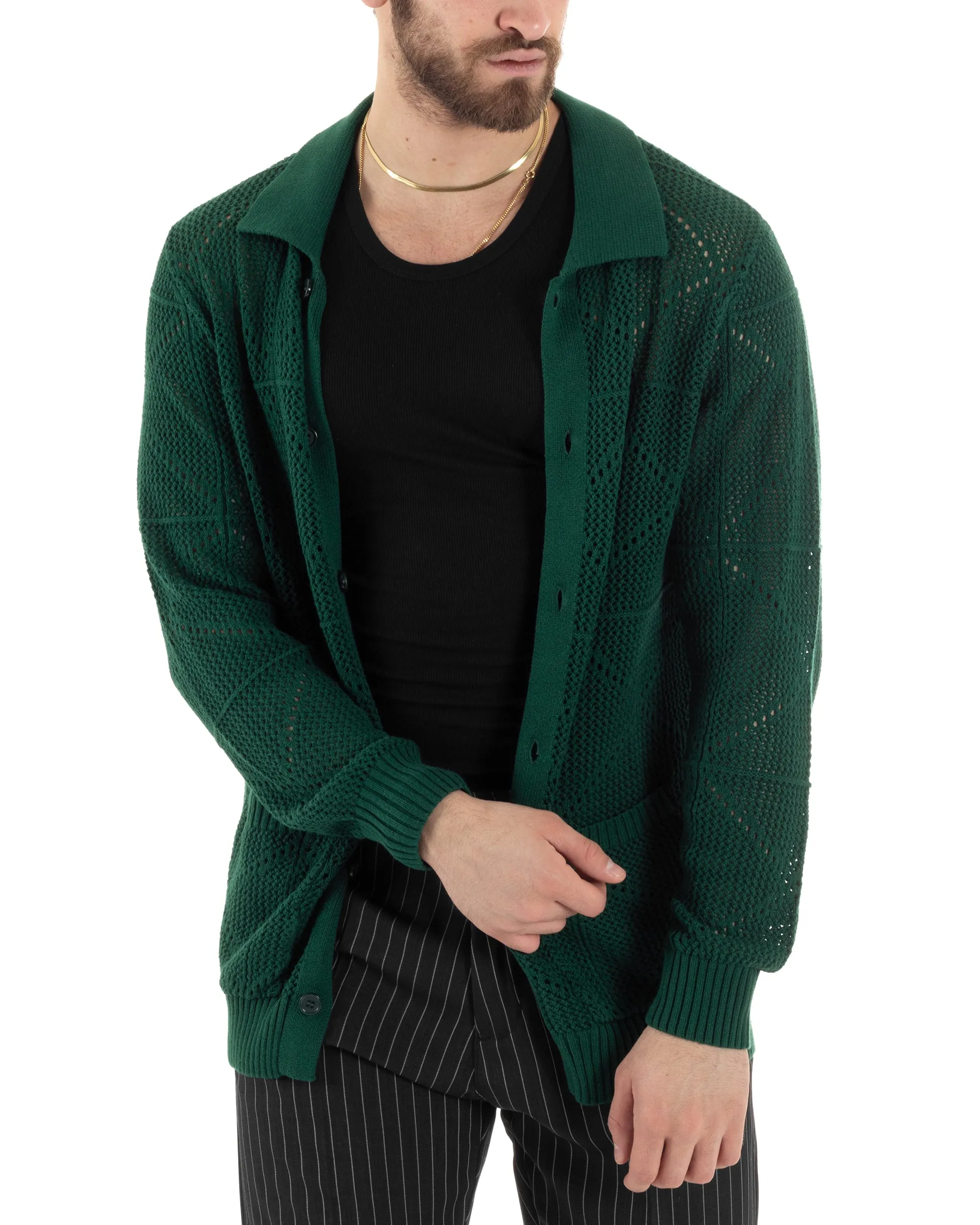 Cardigan Uomo Con Colletto Maglioncino Traforato Maglia Polo Bucata Giacca Con Bottoni Verde Casual GIOSAL-M2806A