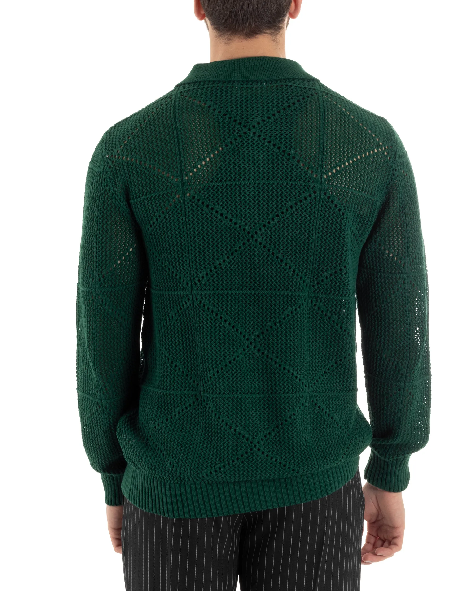 Cardigan Uomo Con Colletto Maglioncino Traforato Maglia Polo Bucata Giacca Con Bottoni Verde Casual GIOSAL-M2806A