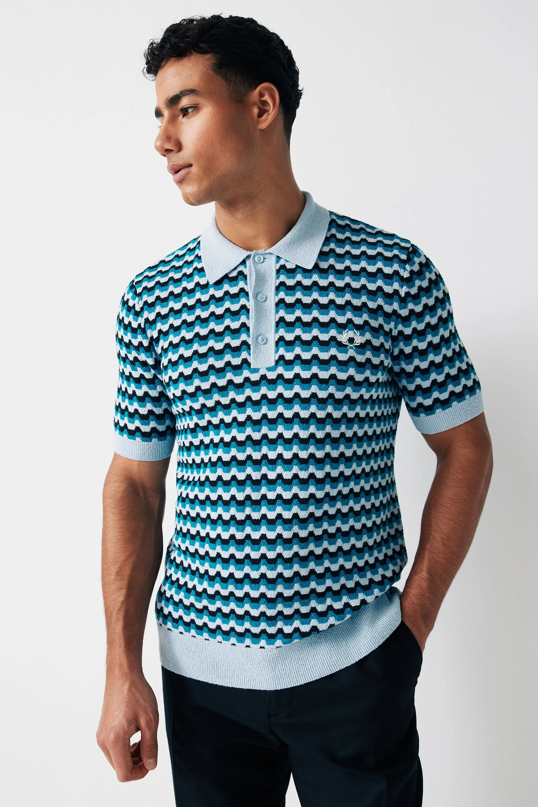 Fred Perry Blu - Polo in jacquared lavorato a maglia bouclé