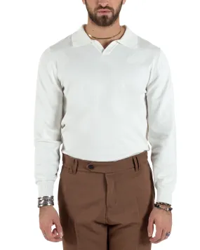 Maglioncino Uomo Casual Maglia Con Colletto Polo Scollo V Tinta Unita Basic Bianco GIOSAL-M2781A