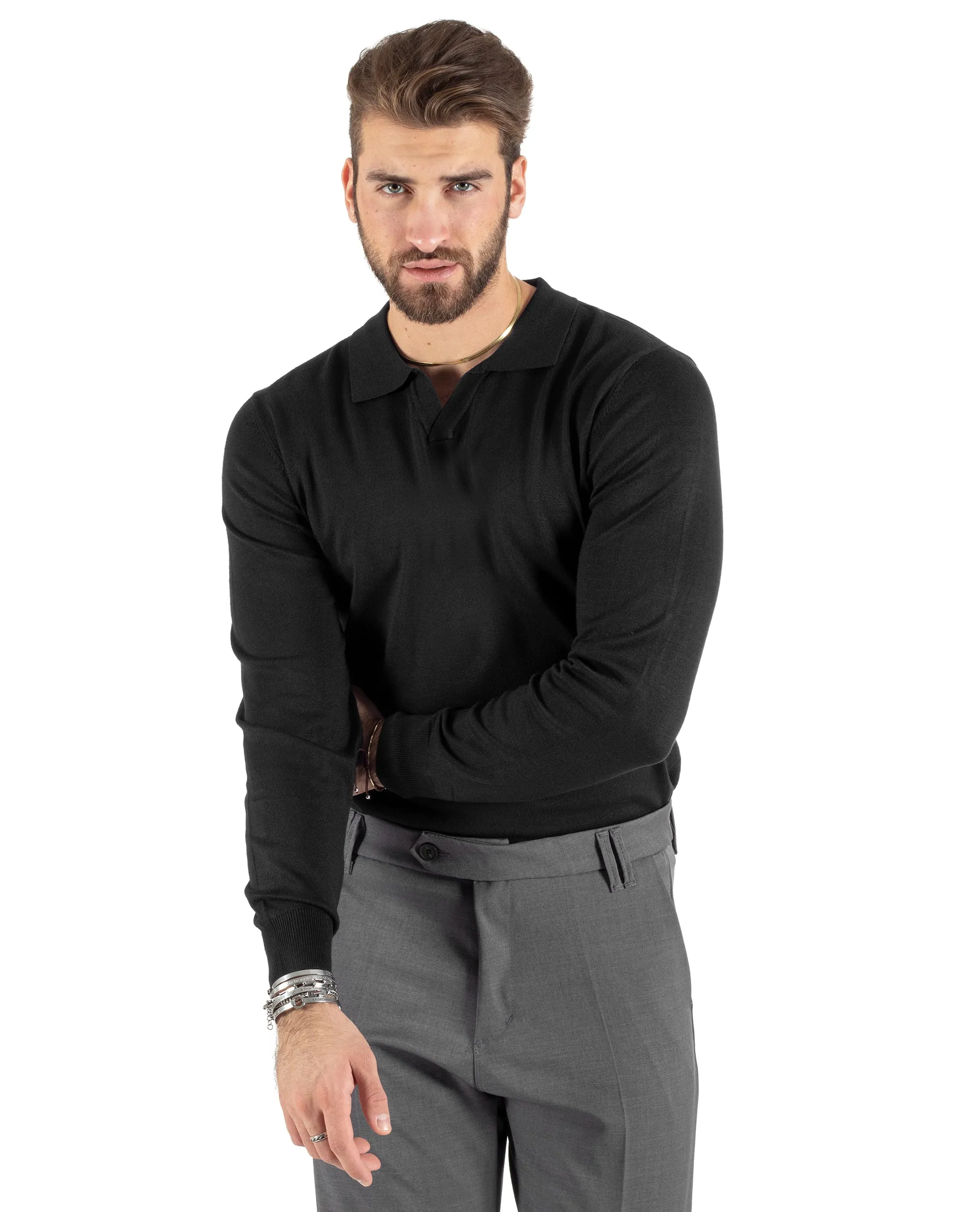 Maglioncino Uomo Casual Maglia Con Colletto Polo Scollo V Tinta Unita Basic Nero GIOSAL-M2784A