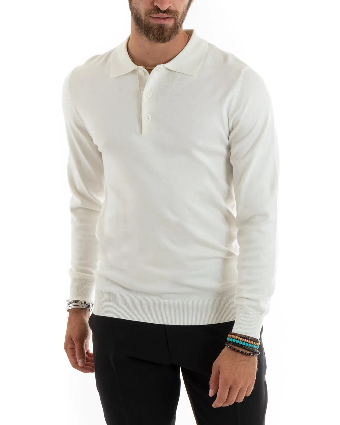 Maglioncino Uomo Casual Maglia Con Colletto Polo Tinta Unita Basic Bianco GIOSAL-M2683A