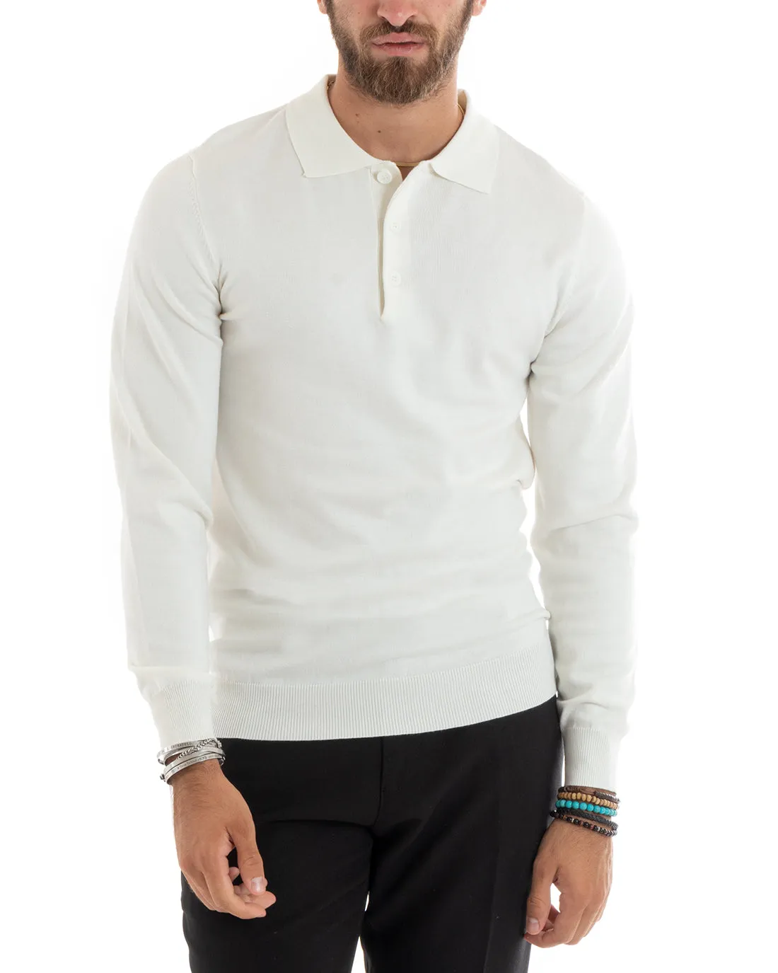 Maglioncino Uomo Casual Maglia Con Colletto Polo Tinta Unita Basic Bianco GIOSAL-M2683A