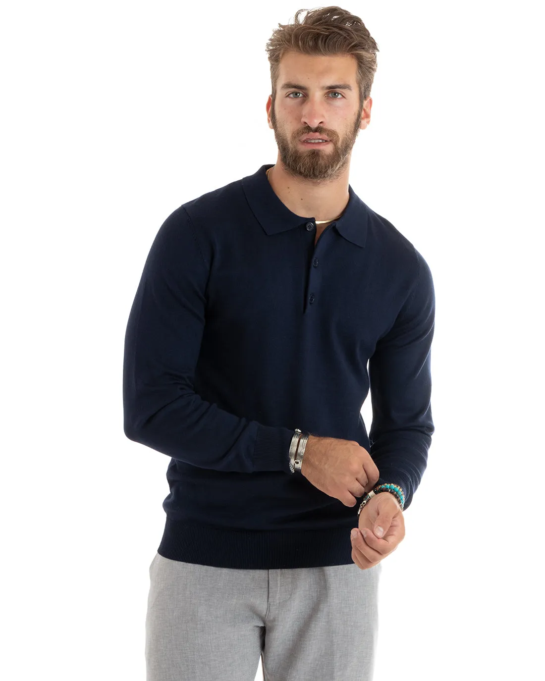 Maglioncino Uomo Casual Maglia Con Colletto Polo Tinta Unita Basic Blu GIOSAL-M2679A