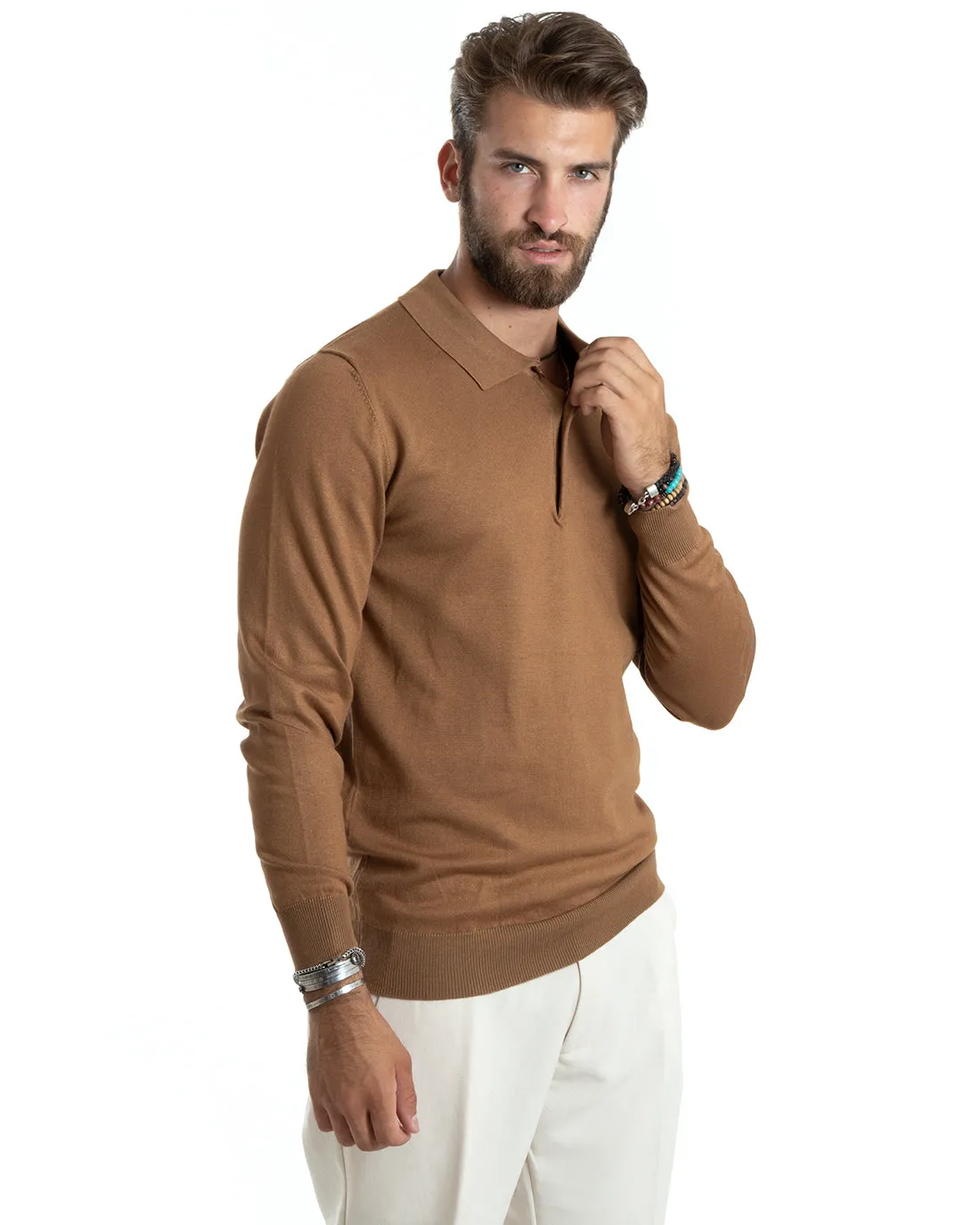 Maglioncino Uomo Casual Maglia Con Colletto Polo Tinta Unita Basic Camel GIOSAL-M2686A