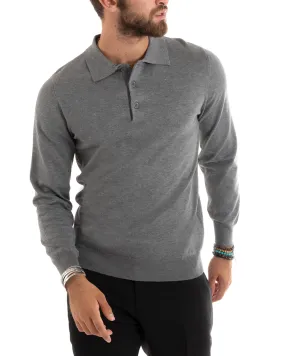 Maglioncino Uomo Casual Maglia Con Colletto Polo Tinta Unita Basic Grigio GIOSAL-M2685A