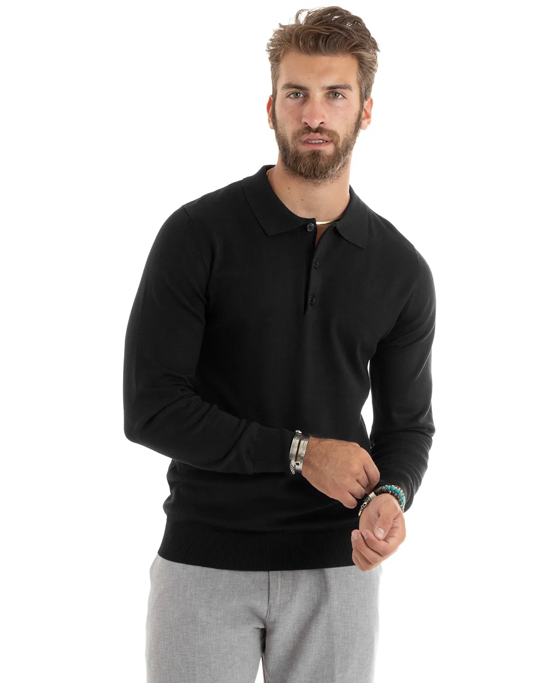 Maglioncino Uomo Casual Maglia Con Colletto Polo Tinta Unita Basic Nero GIOSAL-M2680A