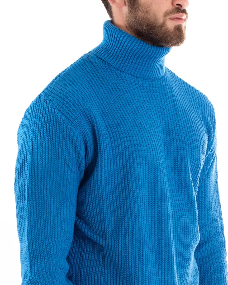 Maglioncino Uomo Collo Alto Tinta Unita Azzurro Maglia Inglese Dolcevita Basic GIOSAL-M2351A