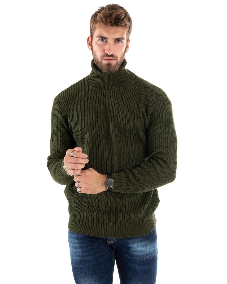 Maglioncino Uomo Collo Alto Tinta Unita Verde Militare Maglia Inglese Dolcevita Basic GIOSAL-M2355A