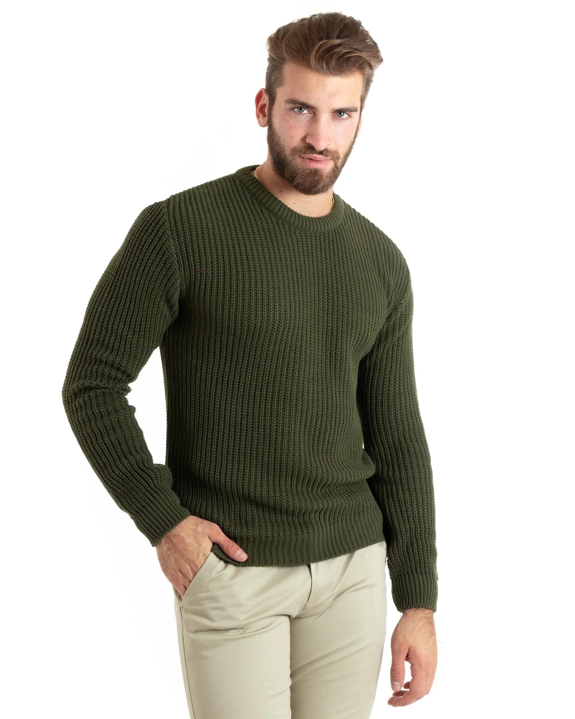 Maglioncino Uomo Girocollo Tinta Unita Verde Militare Maglia Inglese Basic GIOSAL-M2763A