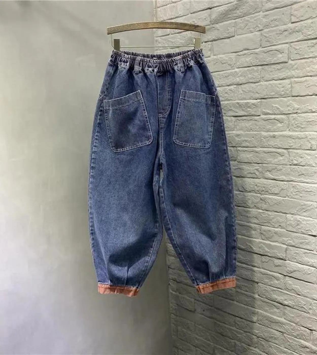 Nuovo arrivo Spring Arts Style Donna Vita elastica Pantaloni Harem in denim di cotone casual Jeans larghi blu vintage con doppia