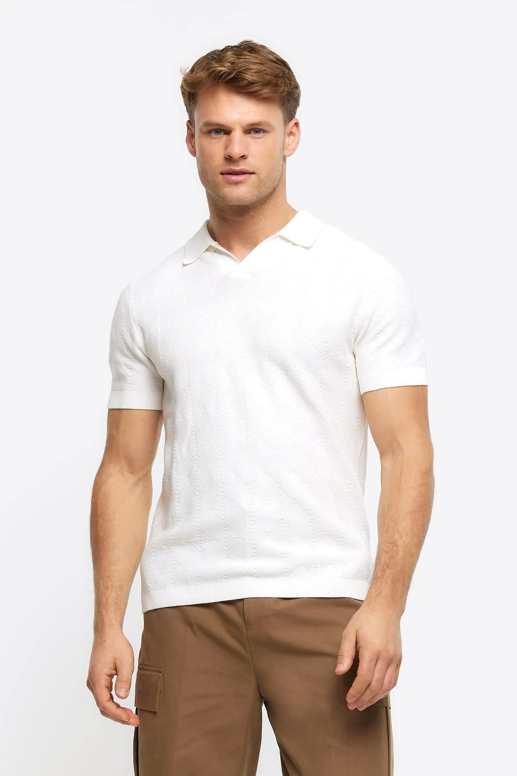 River Island Bianco - Manica corta - Polo in maglia con colletto aperto