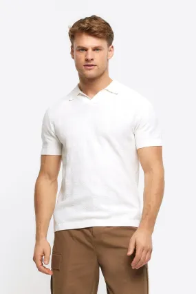 River Island Bianco - Manica corta - Polo in maglia con colletto aperto