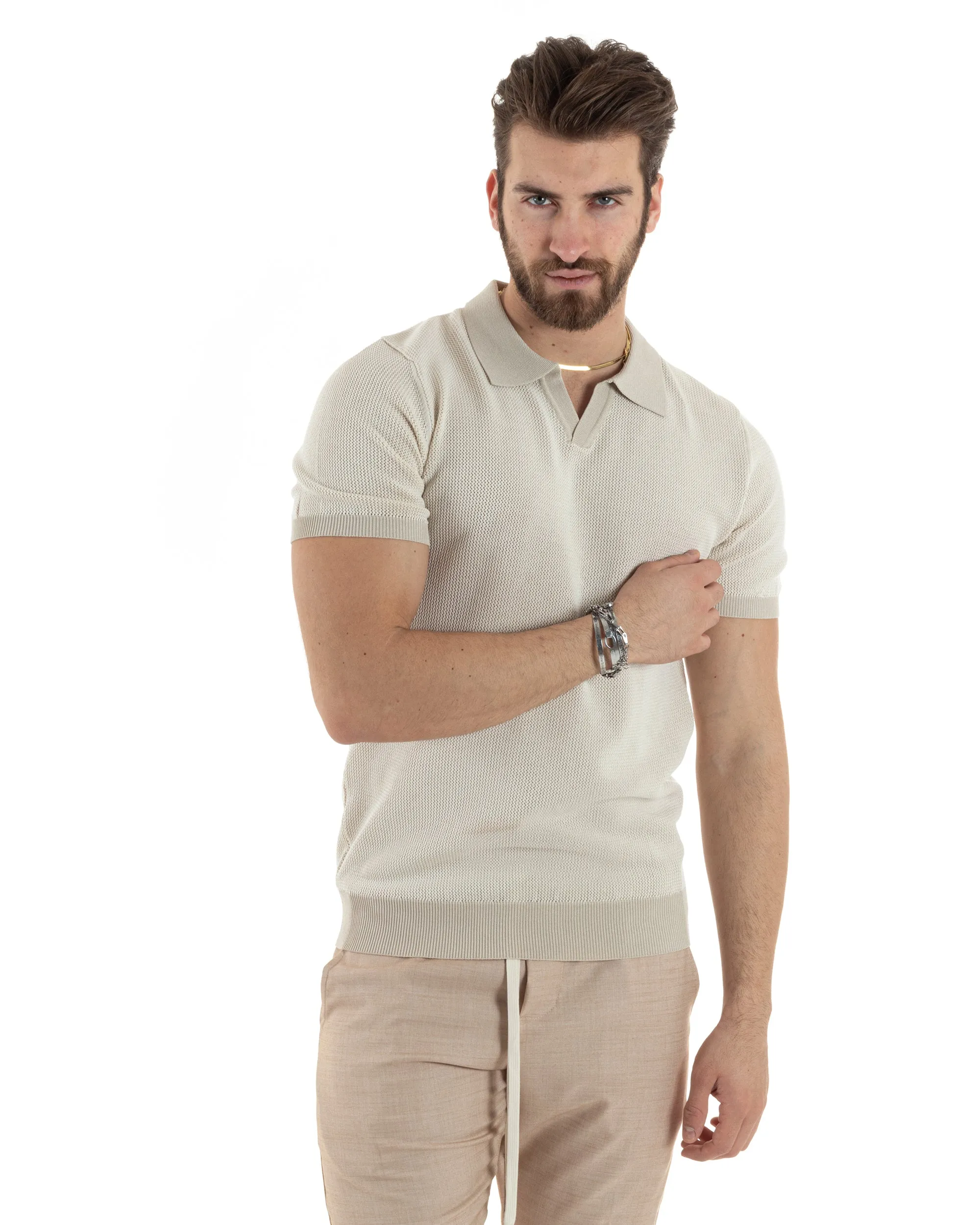 T-Shirt Uomo Maglia In Filo Maglia Con Colletto Polo Scollo V Casual Basic Beige GIOSAL-TS2984A