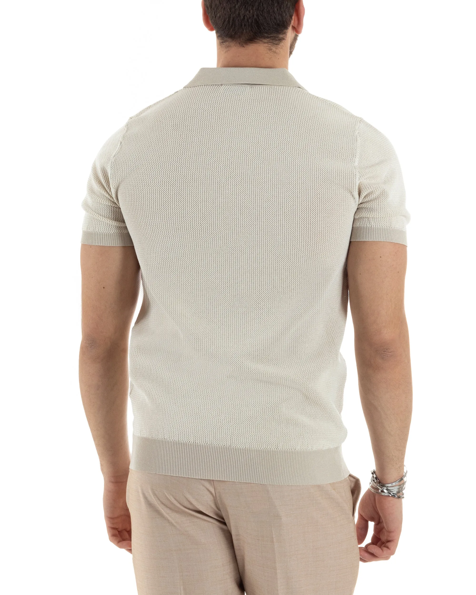 T-Shirt Uomo Maglia In Filo Maglia Con Colletto Polo Scollo V Casual Basic Beige GIOSAL-TS2984A