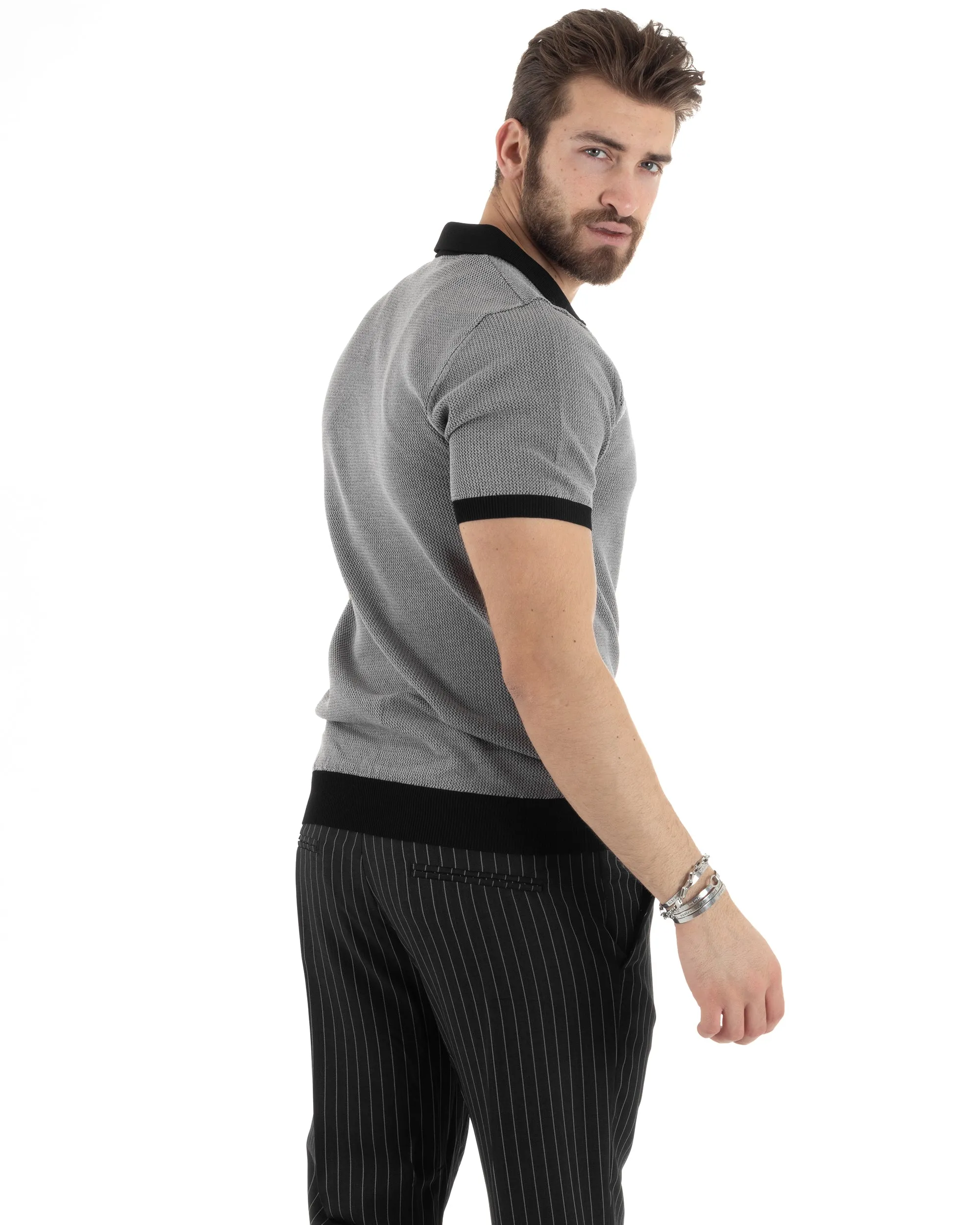 T-Shirt Uomo Maglia In Filo Maglia Con Colletto Polo Scollo V Casual Basic Nero GIOSAL-TS2985A