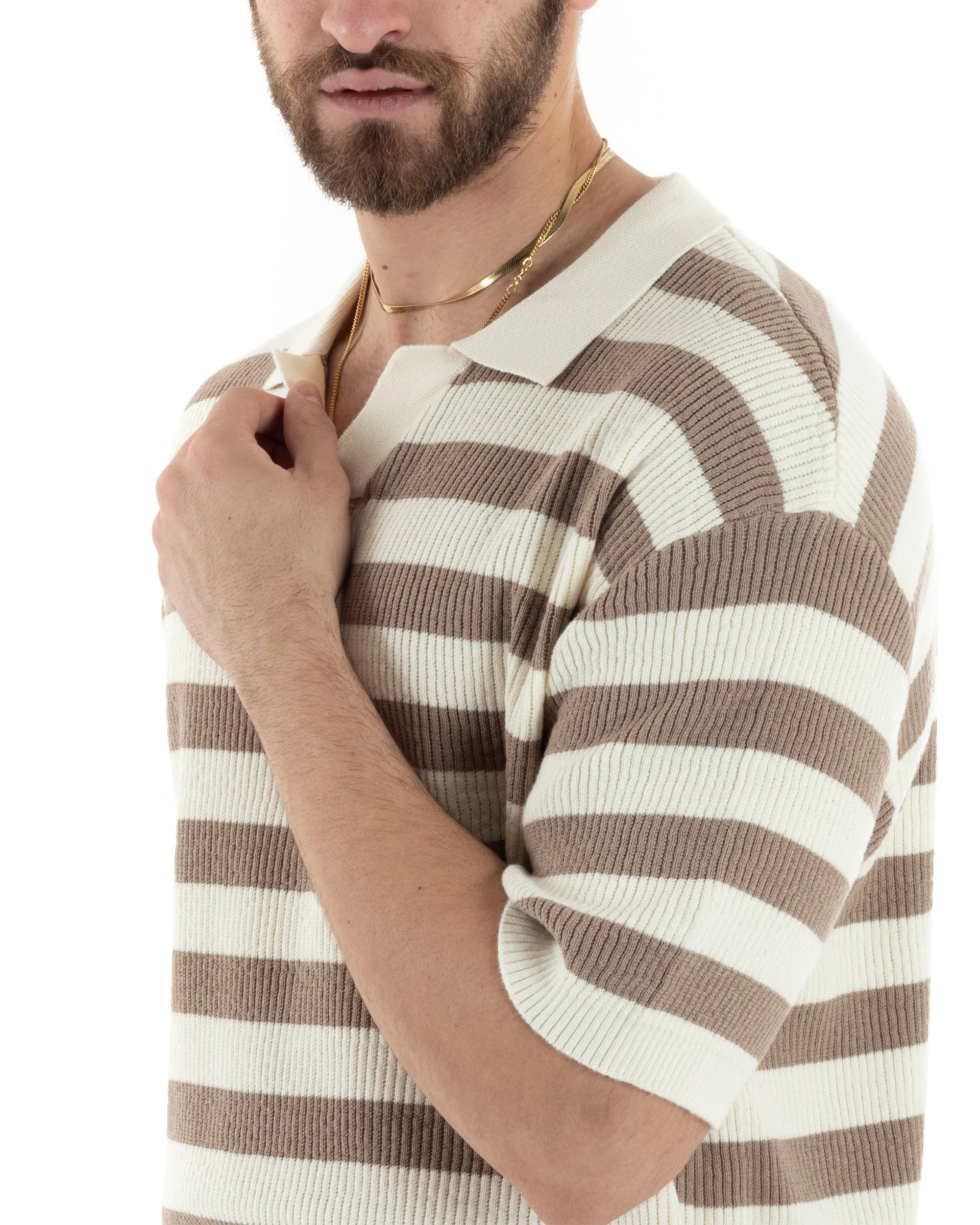 T-Shirt Uomo Maglia In Filo Rigata Beige Maglia Con Colletto Polo Scollo V Casual GIOSAL-TS2992A