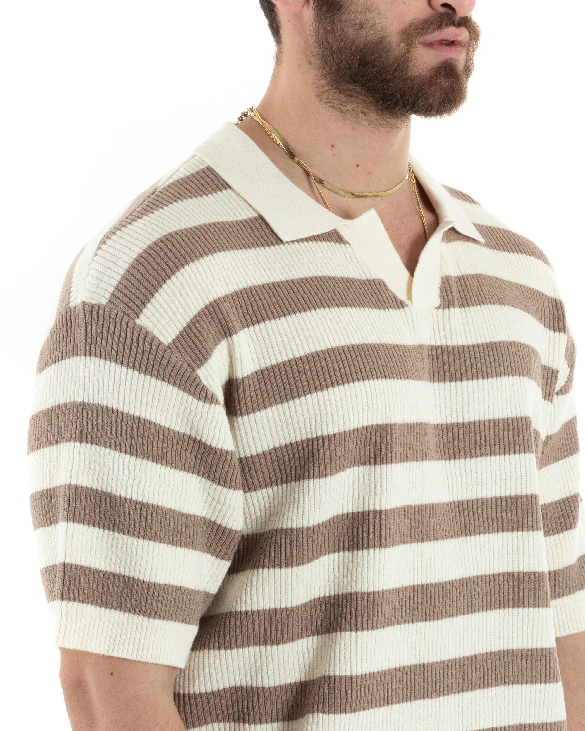 T-Shirt Uomo Maglia In Filo Rigata Beige Maglia Con Colletto Polo Scollo V Casual GIOSAL-TS2992A