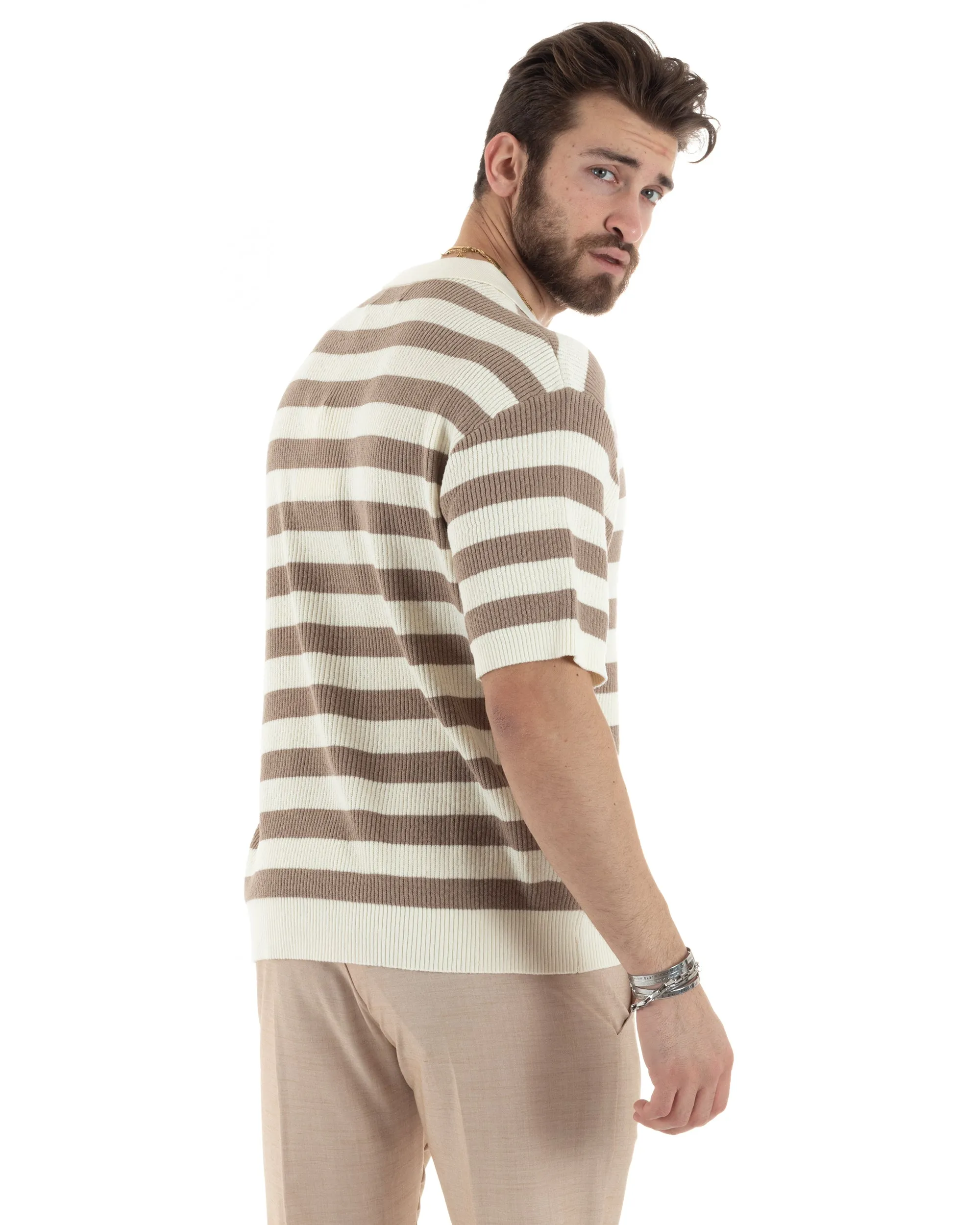 T-Shirt Uomo Maglia In Filo Rigata Beige Maglia Con Colletto Polo Scollo V Casual GIOSAL-TS2992A