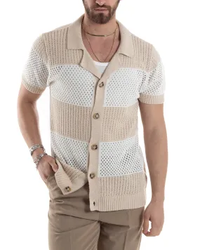 T-shirt Uomo Maglia Polo Traforata Ricamata Cardigan Manica Corta Con Bottoni A Righe Beige Casual GIOSAL-TS3002A