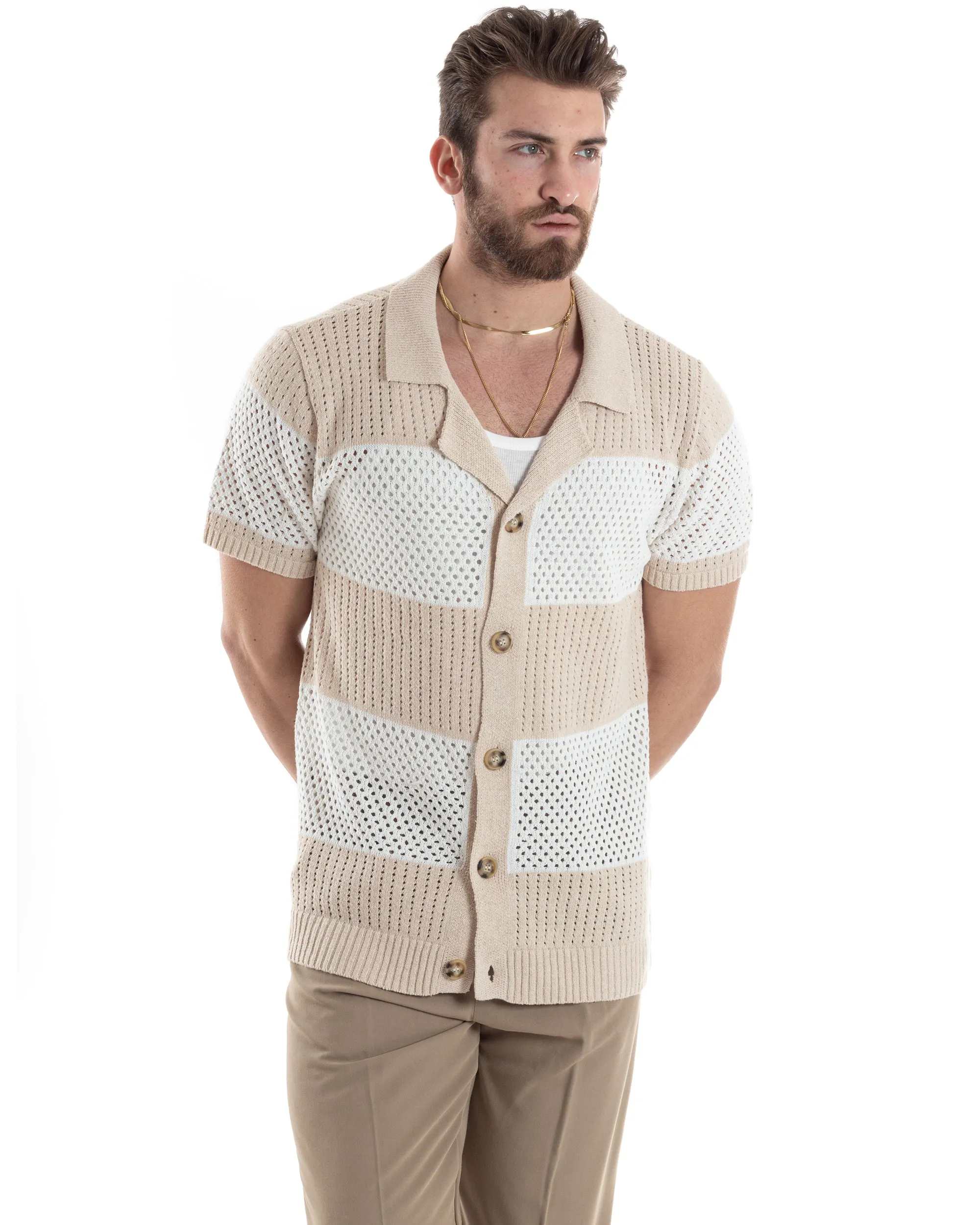 T-shirt Uomo Maglia Polo Traforata Ricamata Cardigan Manica Corta Con Bottoni A Righe Beige Casual GIOSAL-TS3002A