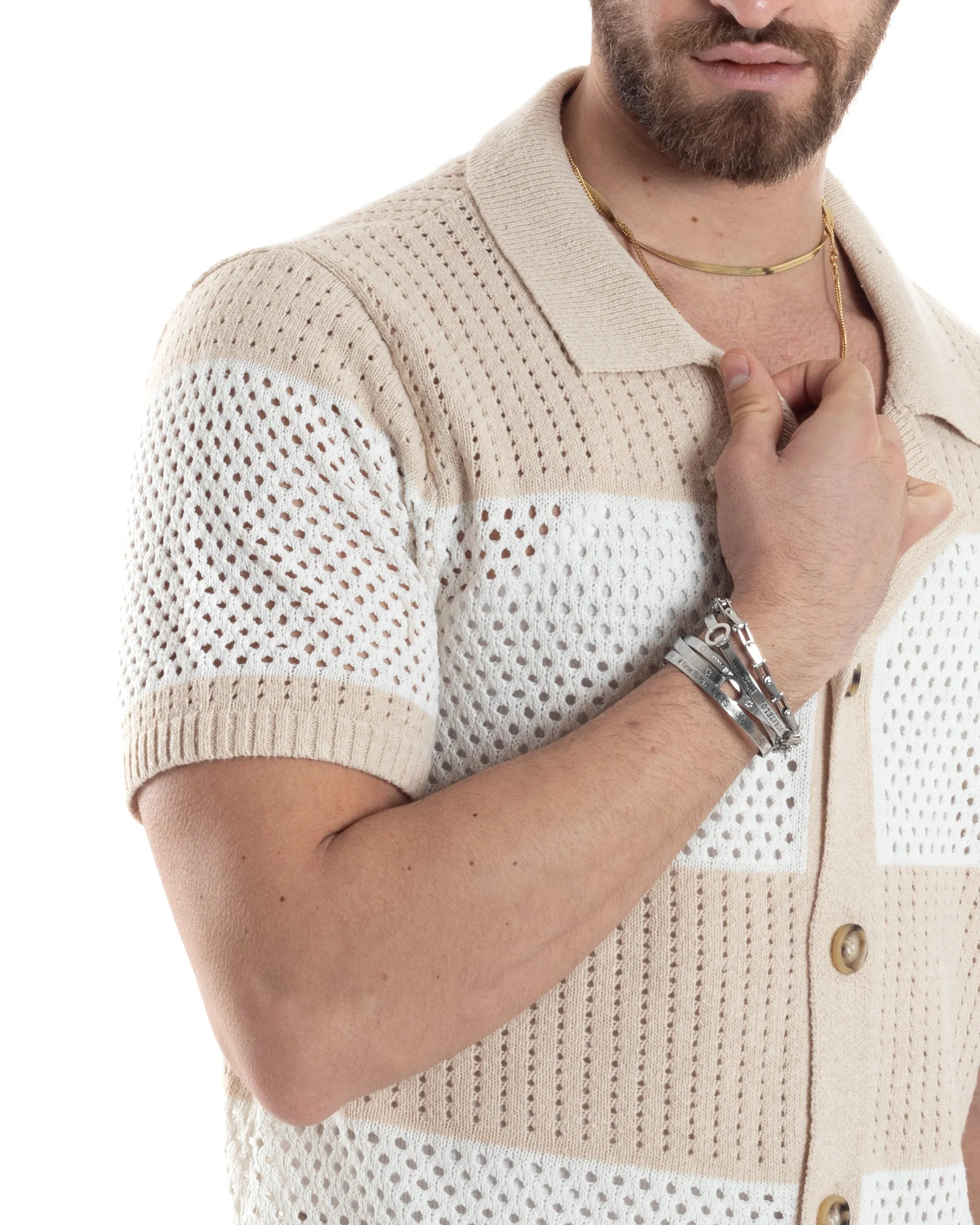 T-shirt Uomo Maglia Polo Traforata Ricamata Cardigan Manica Corta Con Bottoni A Righe Beige Casual GIOSAL-TS3002A