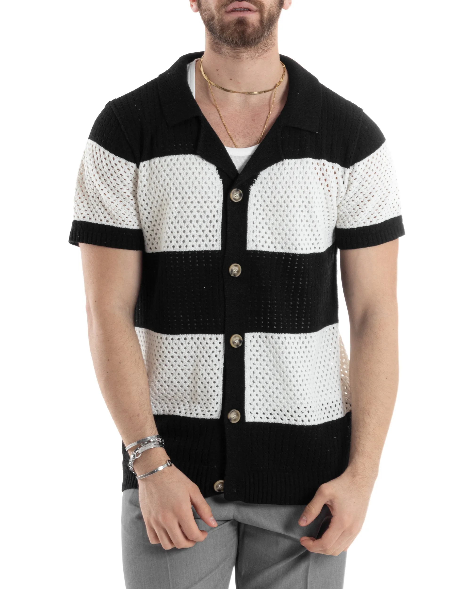 T-shirt Uomo Maglia Polo Traforata Ricamata Cardigan Manica Corta Con Bottoni A Righe Nero Casual GIOSAL-TS3001A