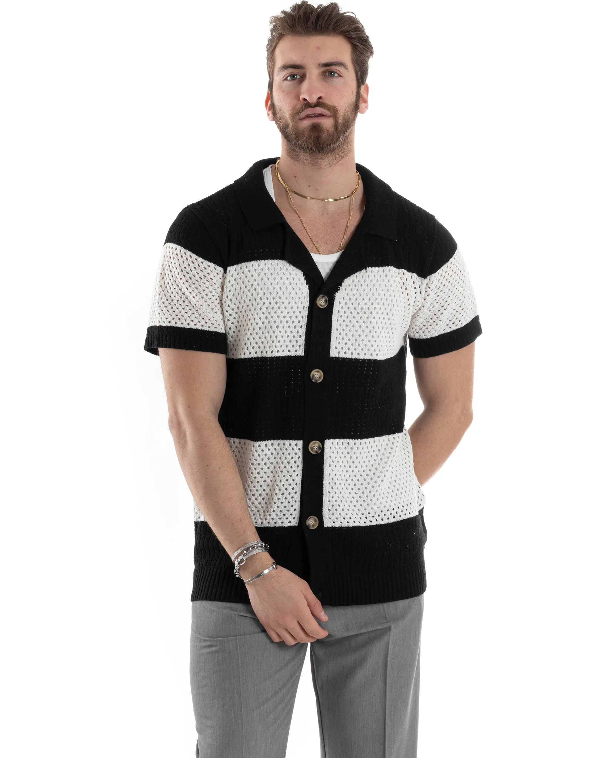 T-shirt Uomo Maglia Polo Traforata Ricamata Cardigan Manica Corta Con Bottoni A Righe Nero Casual GIOSAL-TS3001A