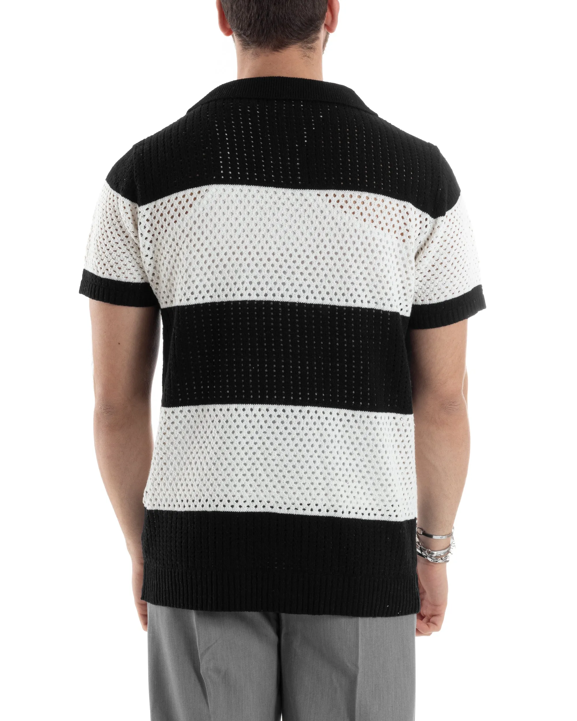 T-shirt Uomo Maglia Polo Traforata Ricamata Cardigan Manica Corta Con Bottoni A Righe Nero Casual GIOSAL-TS3001A