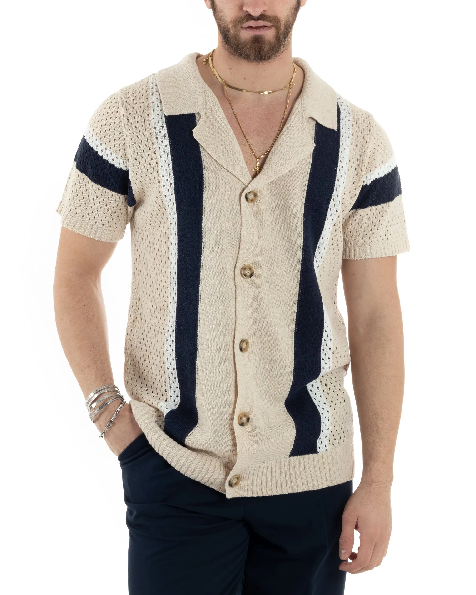 T-shirt Uomo Maglia Polo Traforata Ricamata Cardigan Manica Corta Con Bottoni Beige Casual GIOSAL-TS2988A