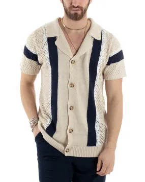 T-shirt Uomo Maglia Polo Traforata Ricamata Cardigan Manica Corta Con Bottoni Beige Casual GIOSAL-TS2988A