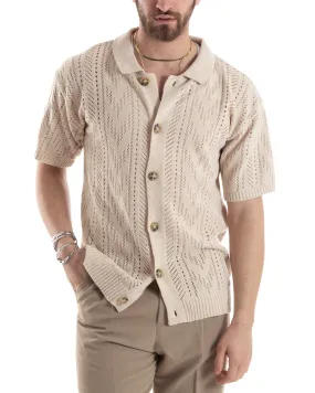 T-shirt Uomo Maglia Polo Traforata Ricamata Cardigan Manica Corta Con Bottoni Beige Casual GIOSAL-TS2997A