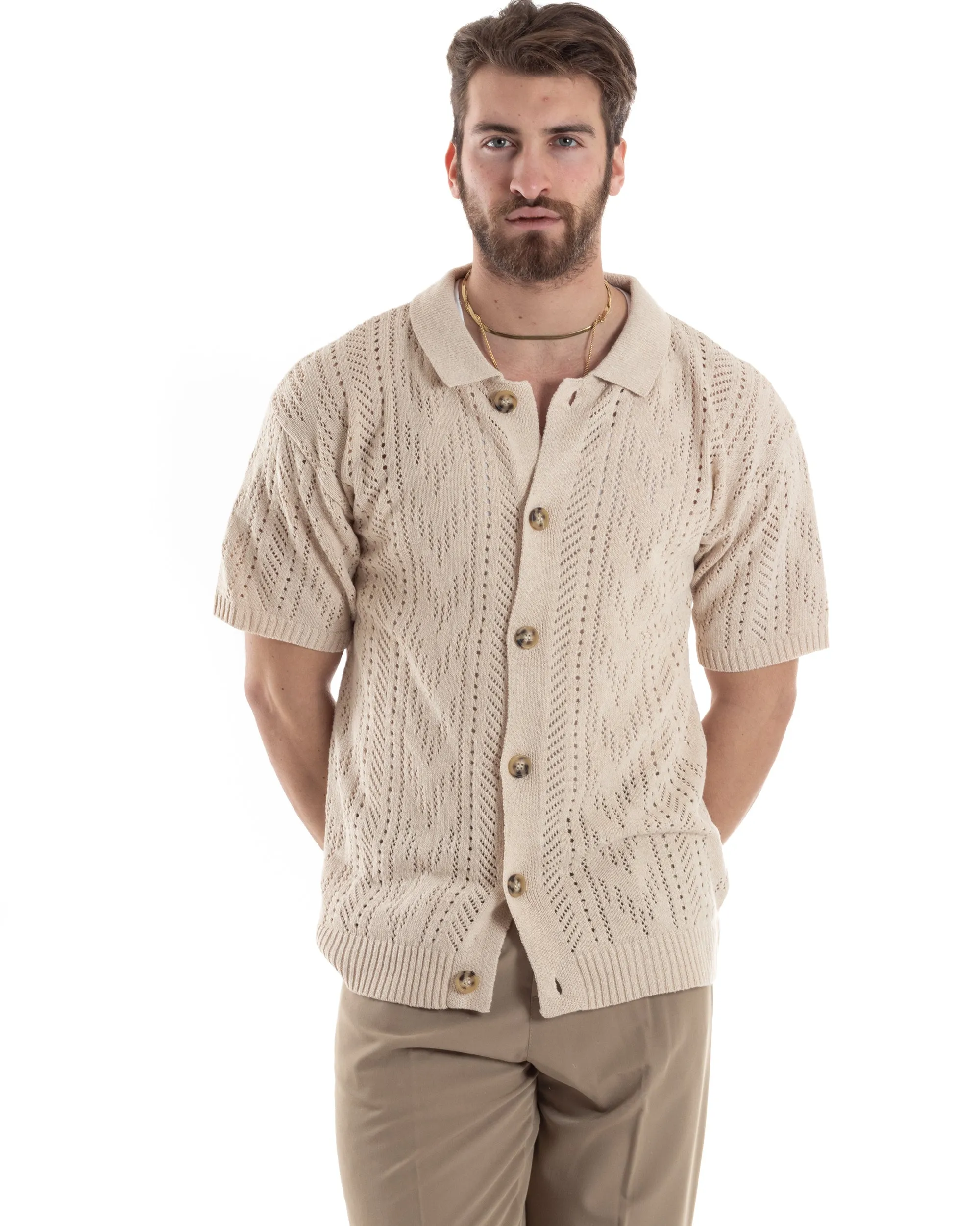 T-shirt Uomo Maglia Polo Traforata Ricamata Cardigan Manica Corta Con Bottoni Beige Casual GIOSAL-TS2997A