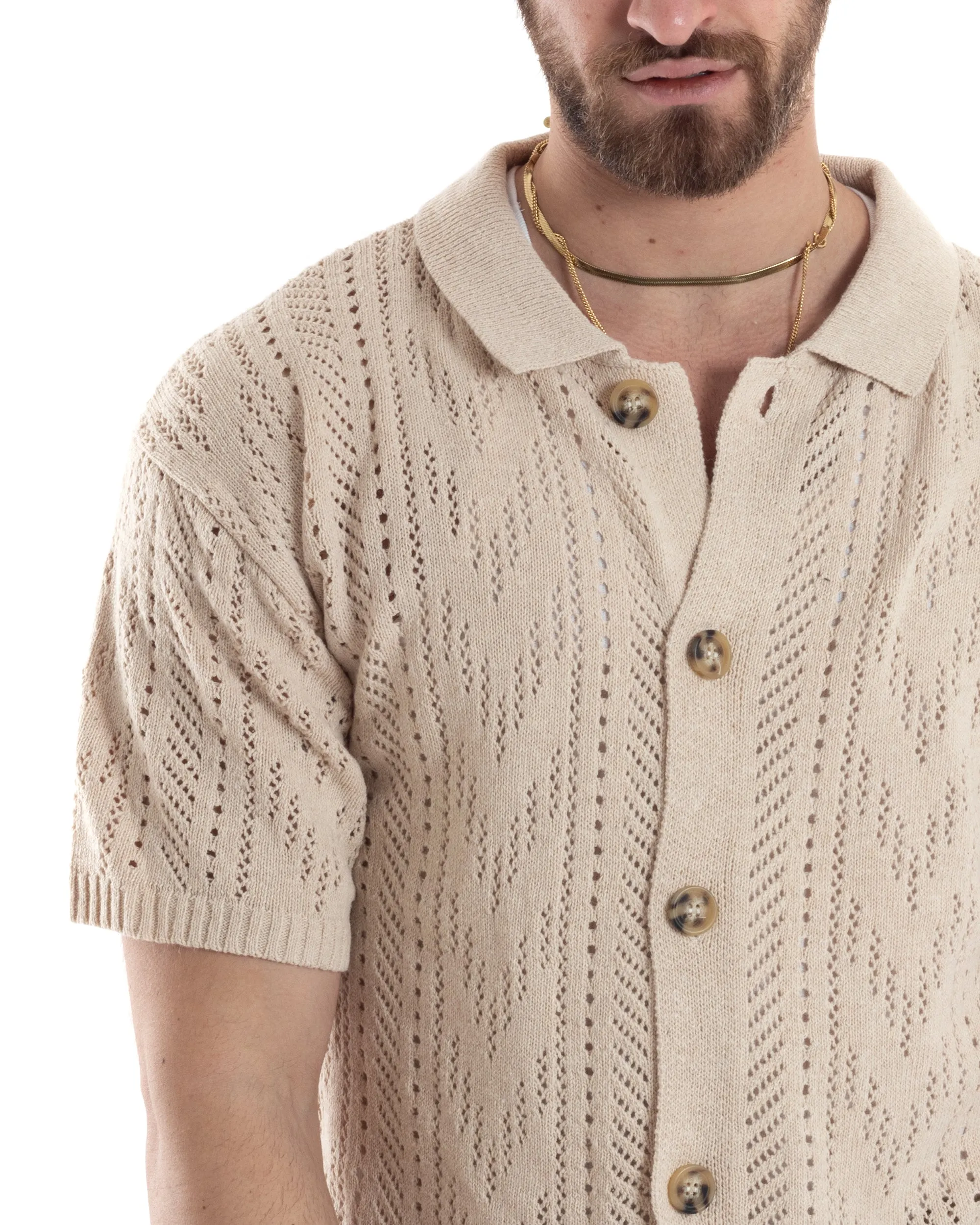 T-shirt Uomo Maglia Polo Traforata Ricamata Cardigan Manica Corta Con Bottoni Beige Casual GIOSAL-TS2997A