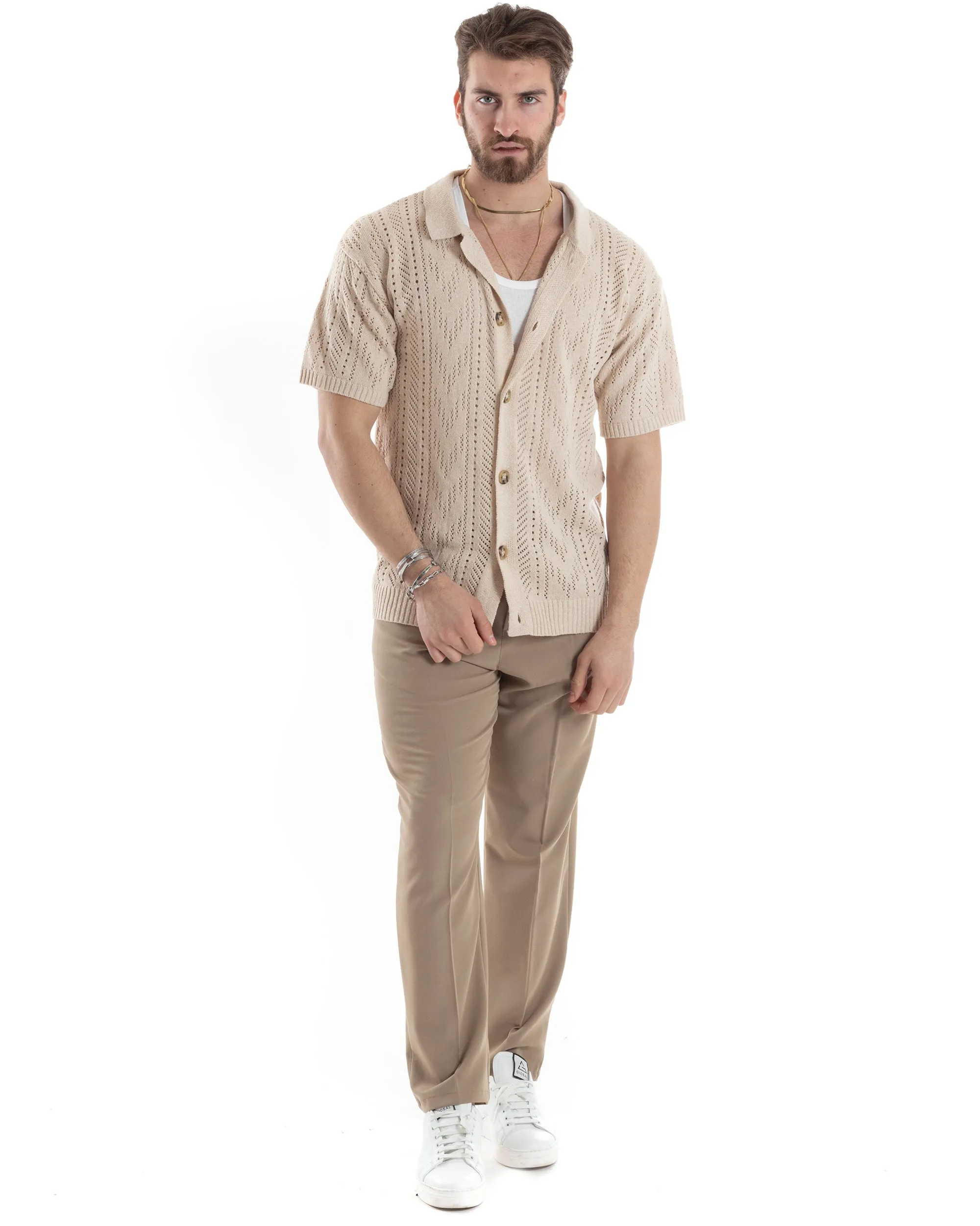 T-shirt Uomo Maglia Polo Traforata Ricamata Cardigan Manica Corta Con Bottoni Beige Casual GIOSAL-TS2997A