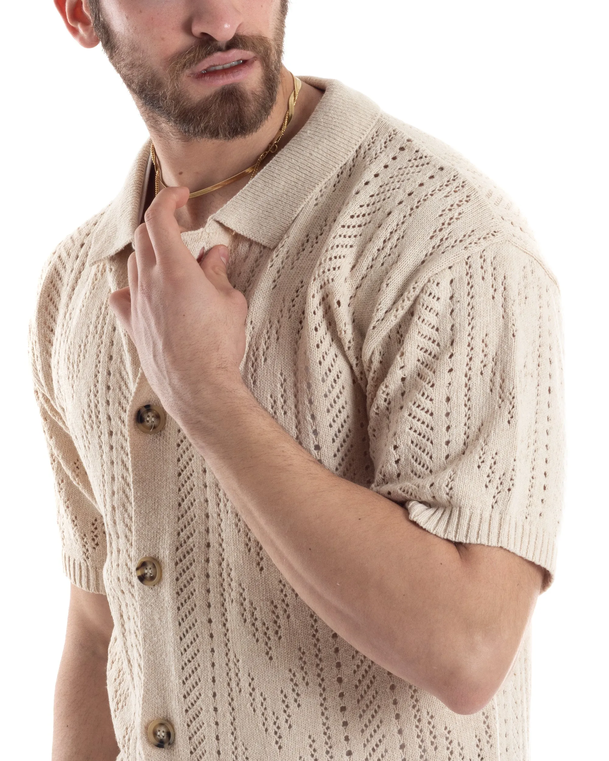 T-shirt Uomo Maglia Polo Traforata Ricamata Cardigan Manica Corta Con Bottoni Beige Casual GIOSAL-TS2997A