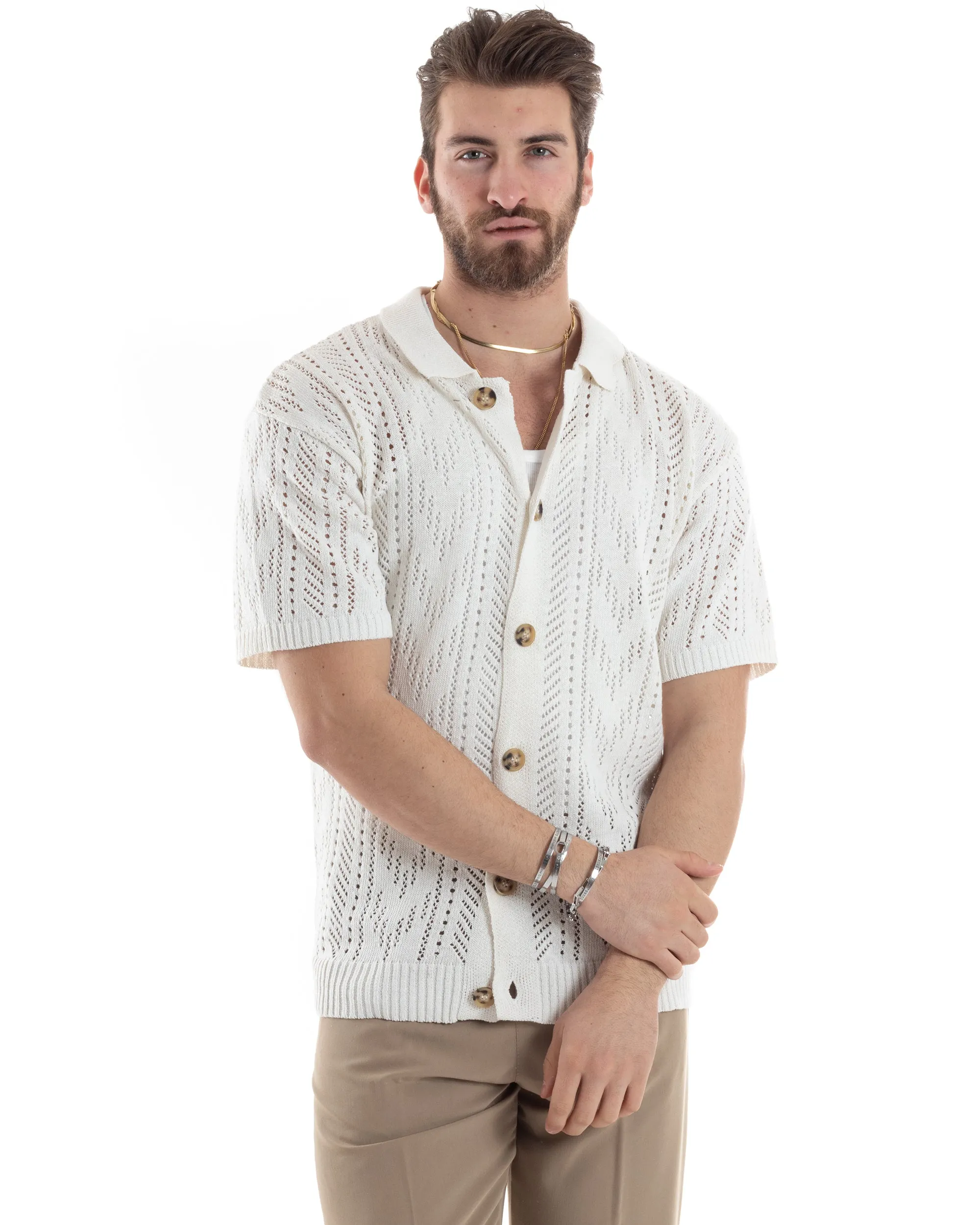 T-shirt Uomo Maglia Polo Traforata Ricamata Cardigan Manica Corta Con Bottoni Bianca Casual GIOSAL-TS2995A