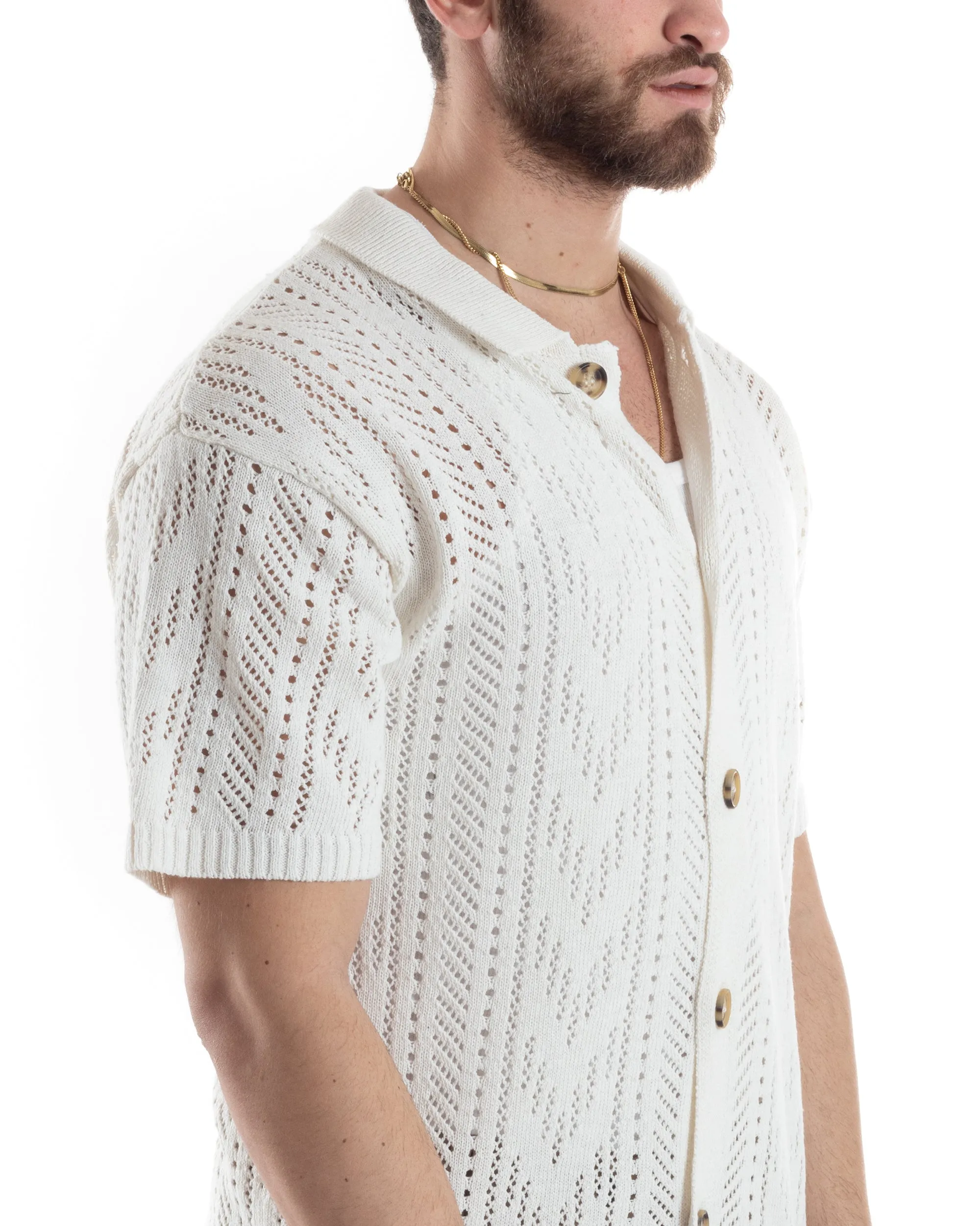 T-shirt Uomo Maglia Polo Traforata Ricamata Cardigan Manica Corta Con Bottoni Bianca Casual GIOSAL-TS2995A