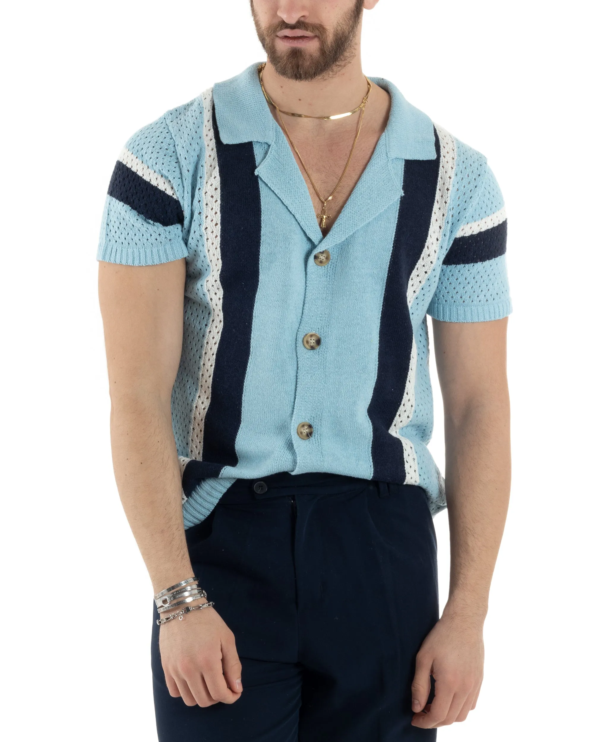 T-shirt Uomo Maglia Polo Traforata Ricamata Cardigan Manica Corta Con Bottoni Celeste Casual GIOSAL-TS2989A