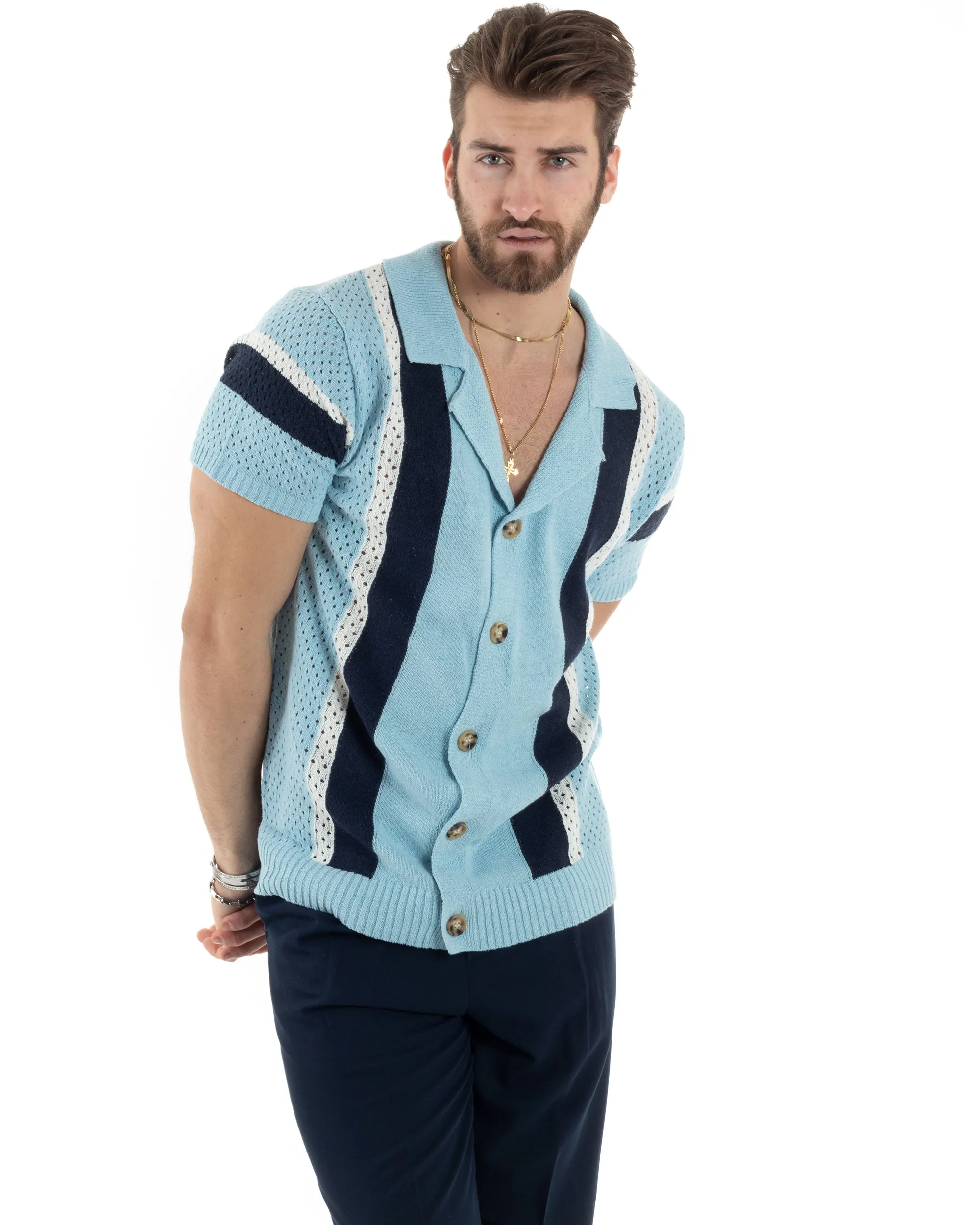 T-shirt Uomo Maglia Polo Traforata Ricamata Cardigan Manica Corta Con Bottoni Celeste Casual GIOSAL-TS2989A