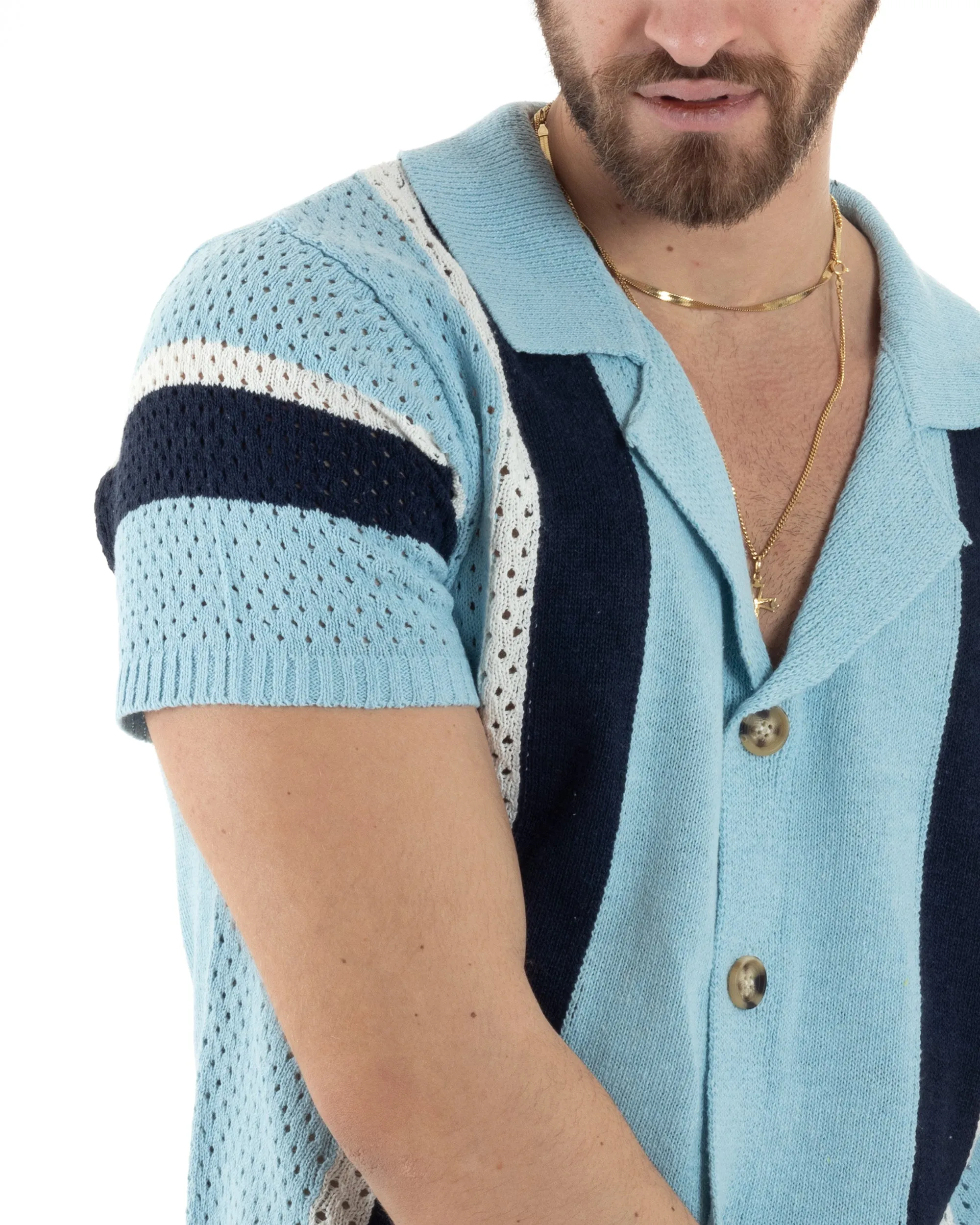 T-shirt Uomo Maglia Polo Traforata Ricamata Cardigan Manica Corta Con Bottoni Celeste Casual GIOSAL-TS2989A