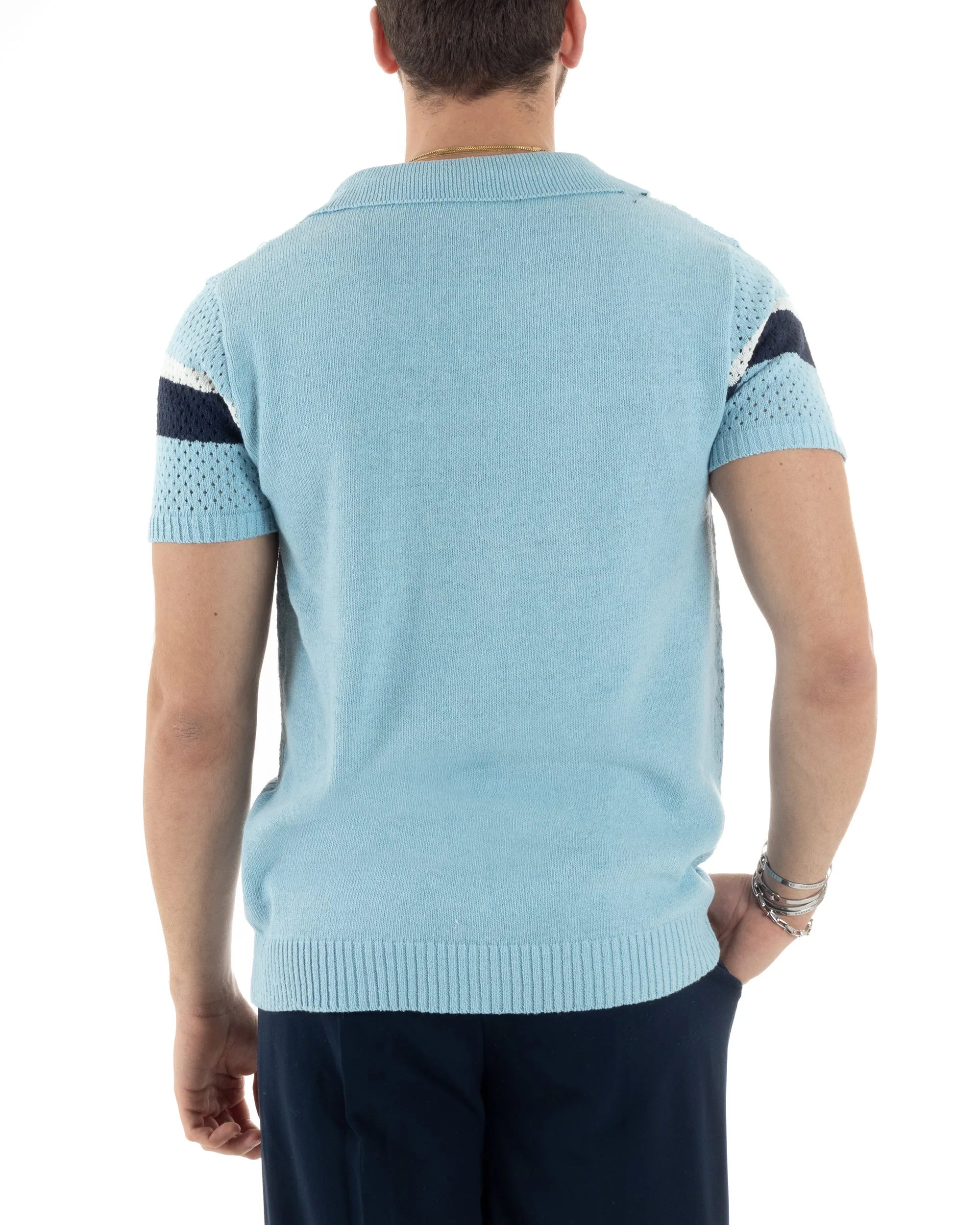 T-shirt Uomo Maglia Polo Traforata Ricamata Cardigan Manica Corta Con Bottoni Celeste Casual GIOSAL-TS2989A