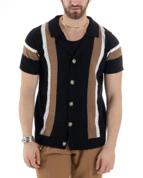 T-shirt Uomo Maglia Polo Traforata Ricamata Cardigan Manica Corta Con Bottoni Nero Casual GIOSAL-TS2987A