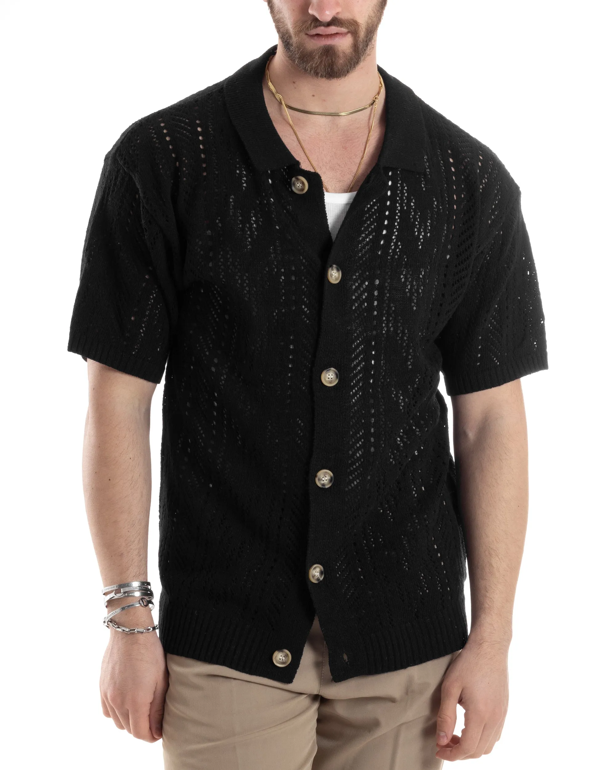 T-shirt Uomo Maglia Polo Traforata Ricamata Cardigan Manica Corta Con Bottoni Nero Casual GIOSAL-TS2996A